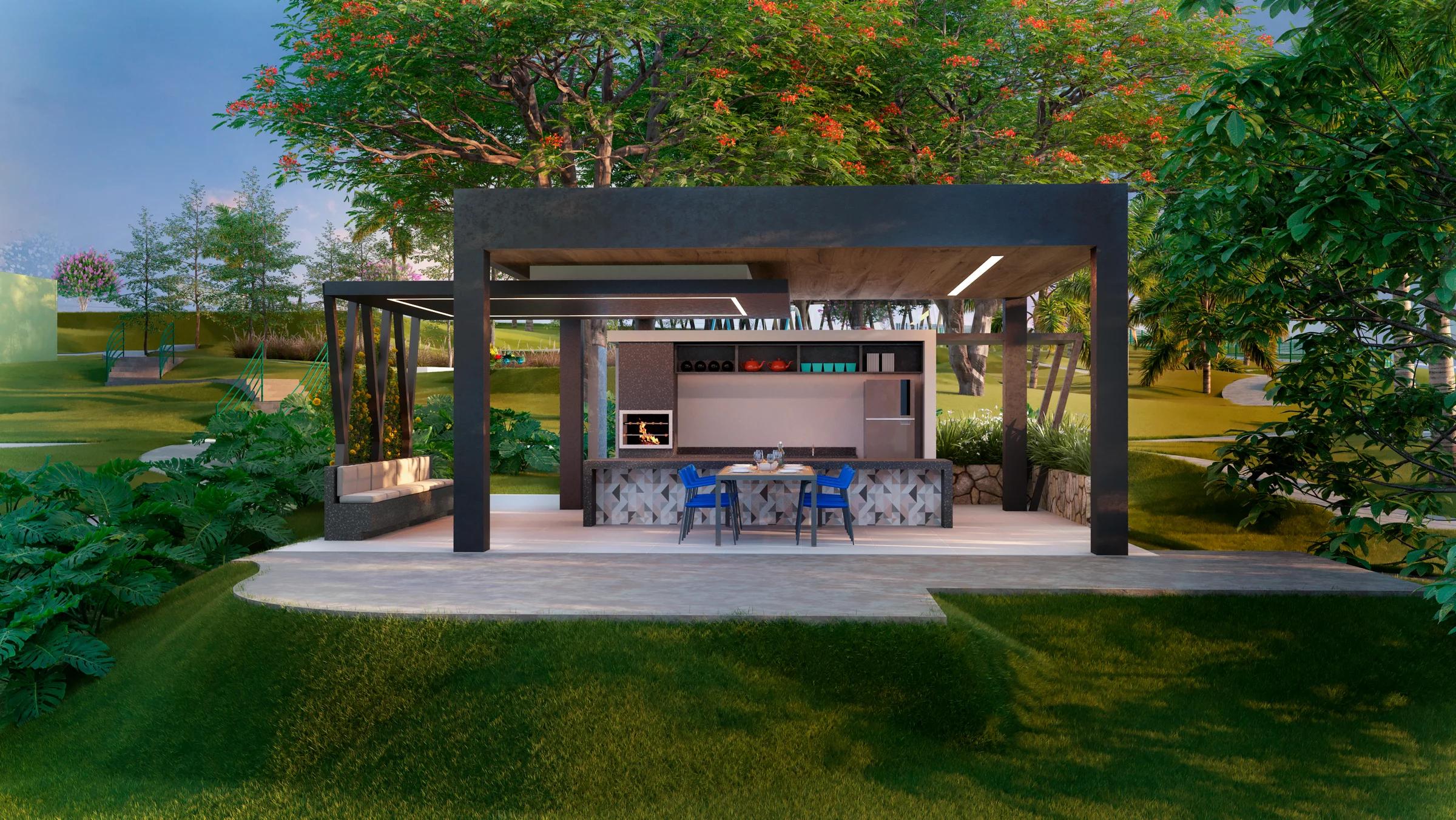 Espaço gourmet coberto com churrasqueira, bancada, mesa e área verde integrada
