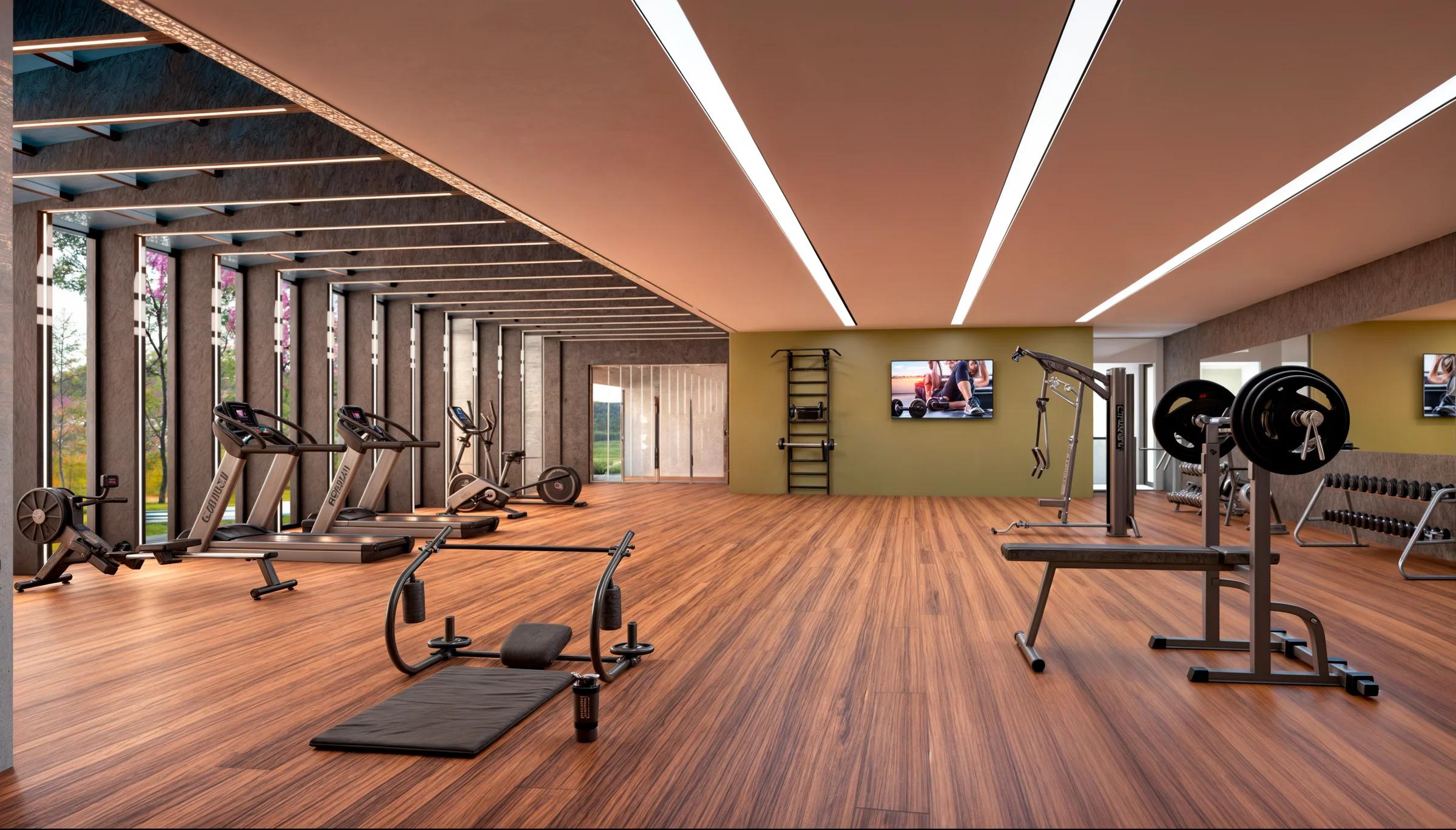 Academia interna equipada com esteiras, aparelhos de musculação e piso amadeirado
