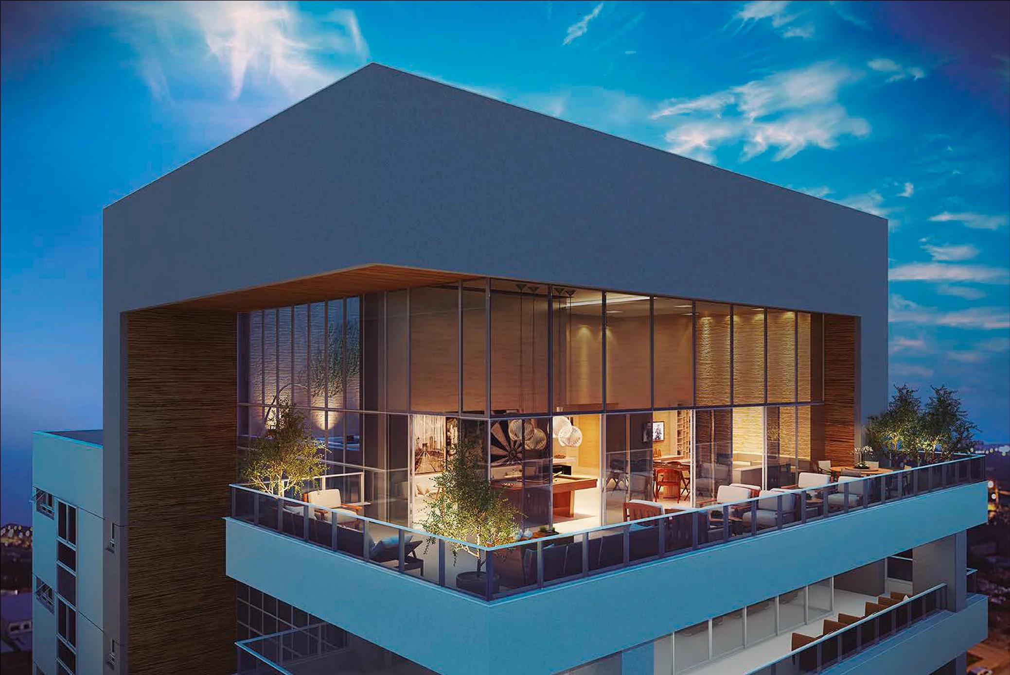Perspectiva 3D da cobertura com varanda envidraçada, deck e lounge no rooftop