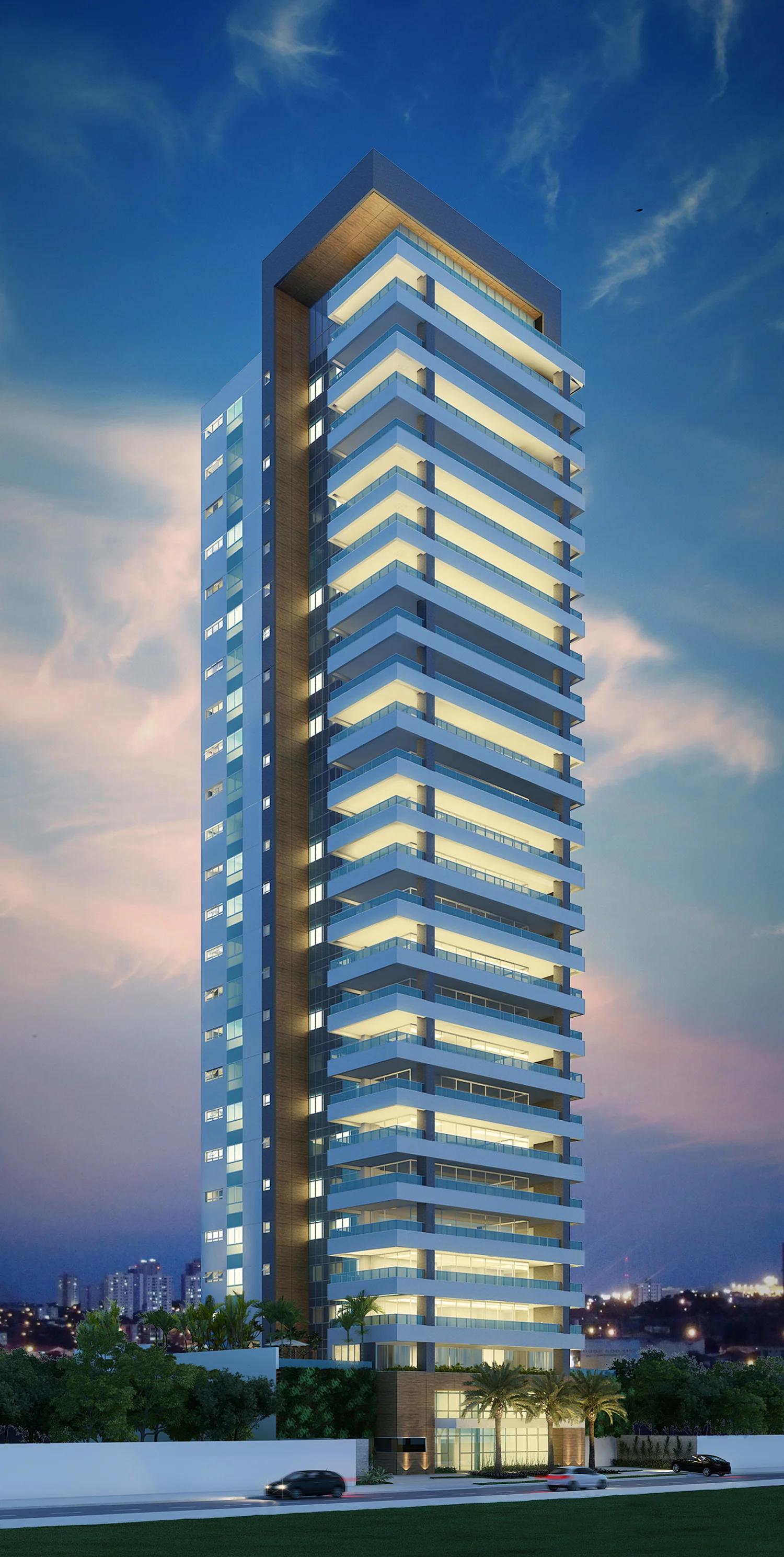 Perspectiva 3D da fachada do edifício Privilege Marista com iluminação noturna
