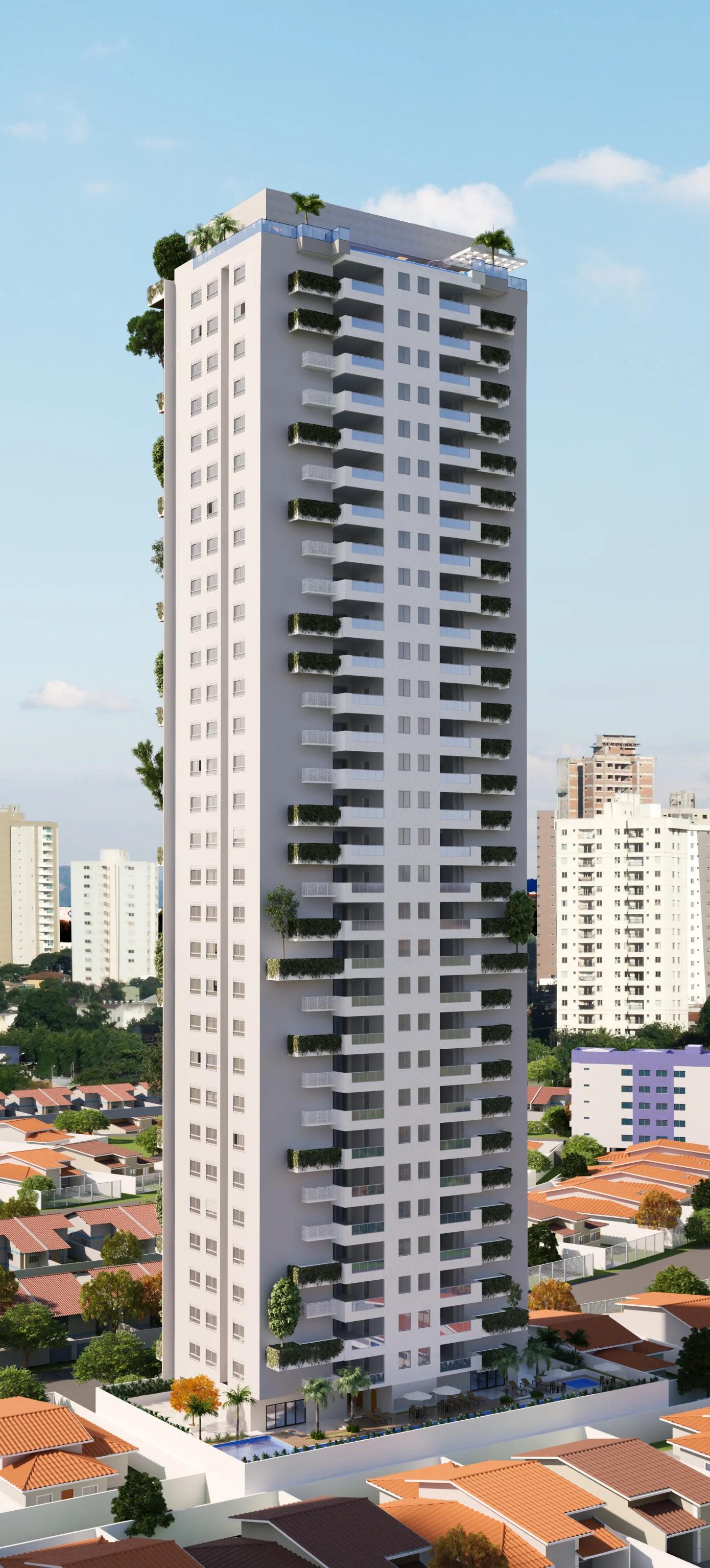 Perspectiva da fachada posterior da torre residencial com vista para a cidade