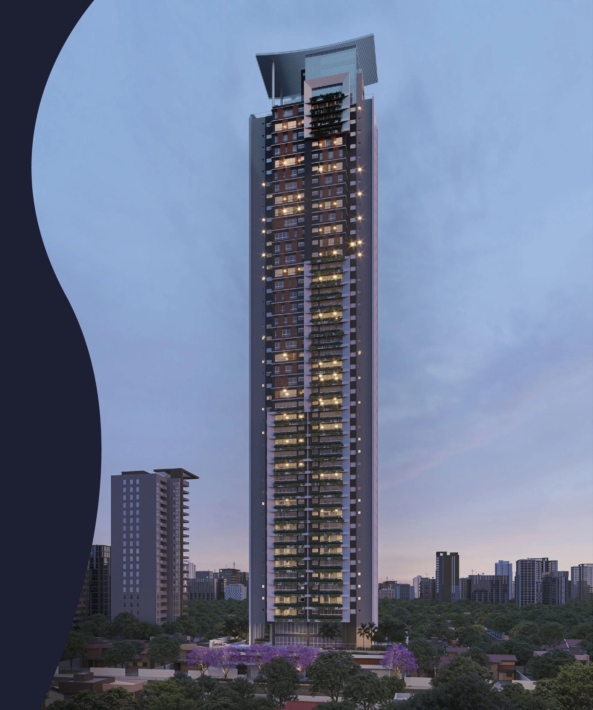 Perspectiva 3D da fachada do edifício ao entardecer com iluminação interna acesa