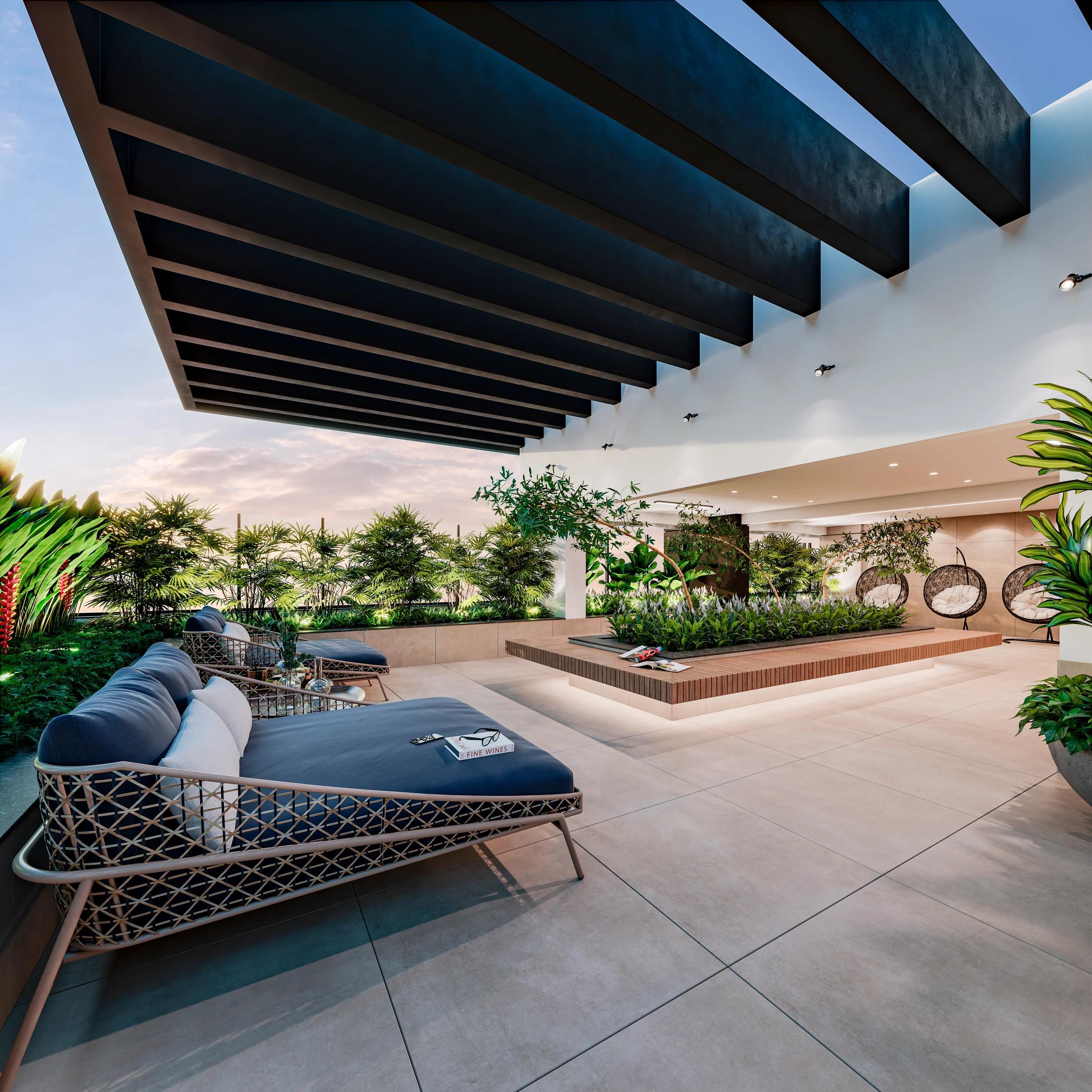 Terraço lounge descoberto com pérgola, sofás tipo daybed e jardineiras