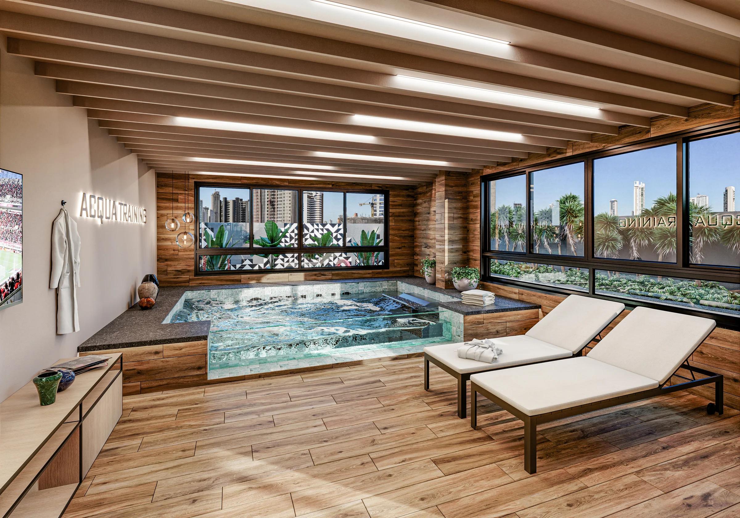 Espaço aqua training coberto com piscina de vidro e espreguiçadeiras