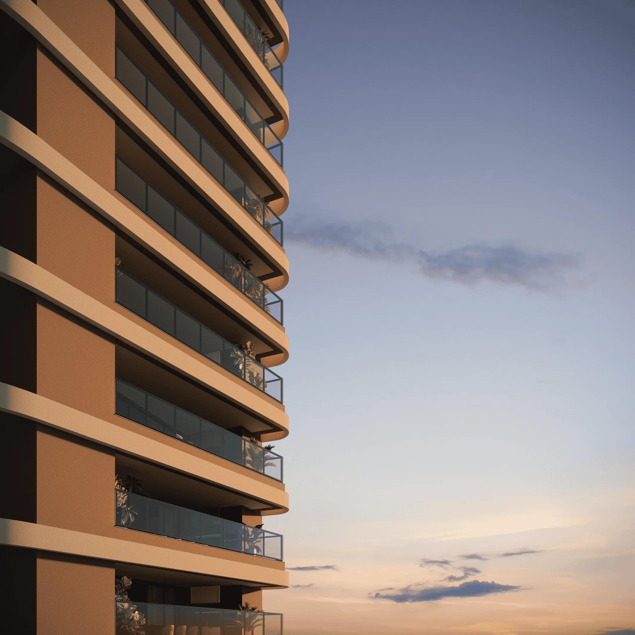 Close nas varandas com curvas orgânicas da torre residencial ao entardecer