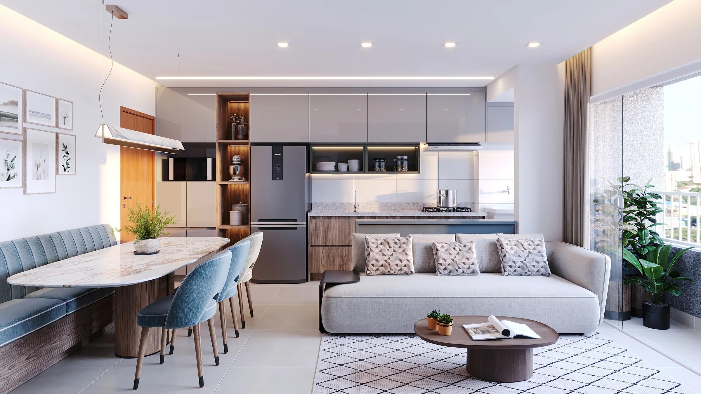 Sala de estar e jantar integrada com cozinha do apartamento de 65m² e canto alemão