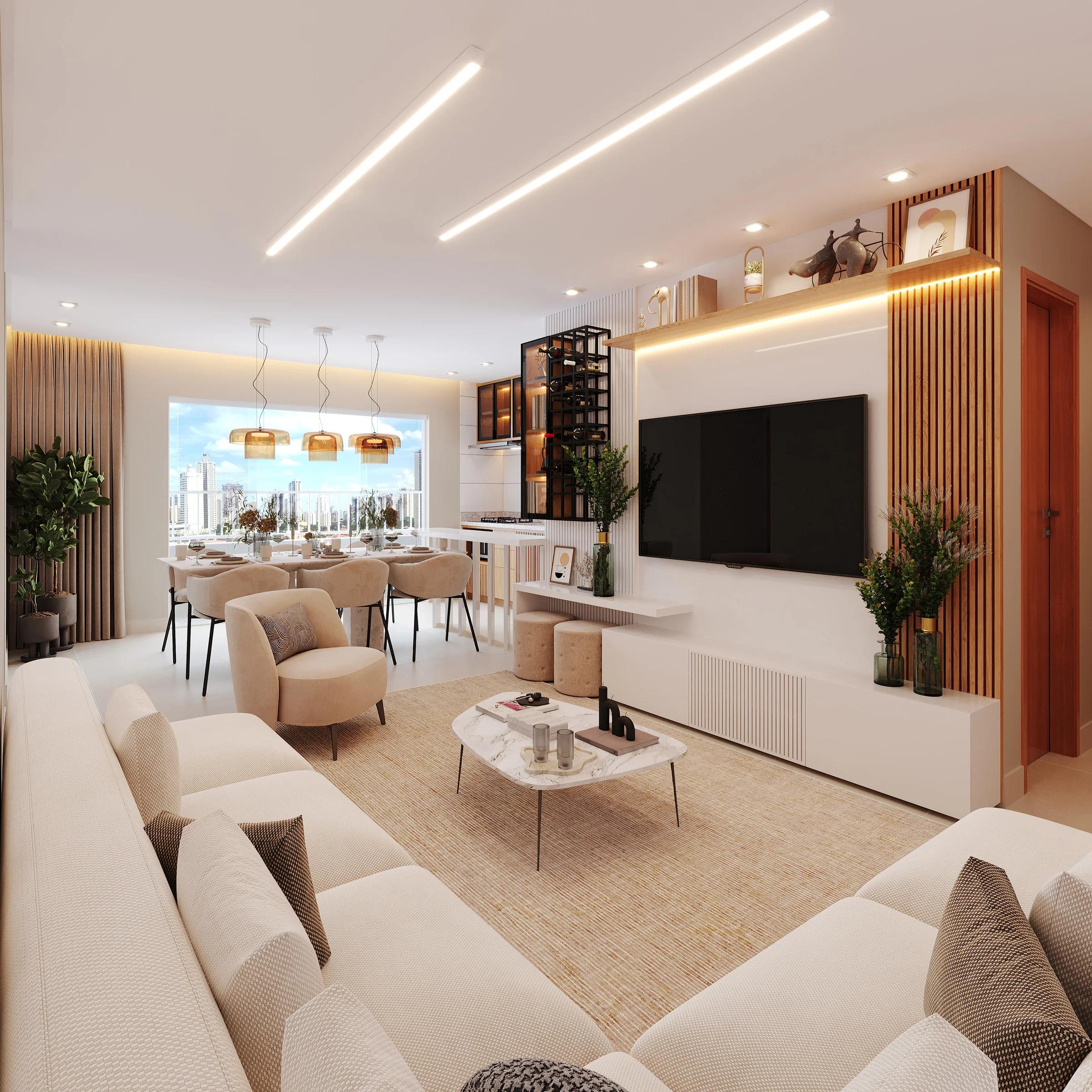 Sala de estar e TV do apartamento de 87m² com painel iluminado, poltrona e mesa de jantar ao fundo