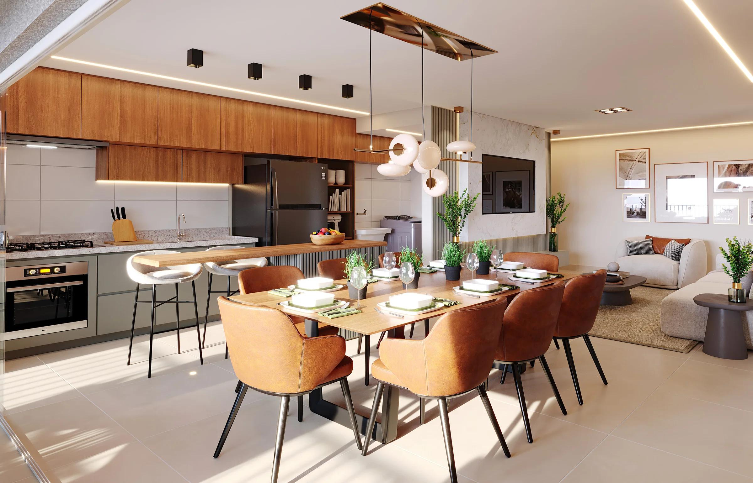 Living integrado do apartamento de 116m² com sala de jantar, cozinha americana com bancada e estar ao fundo