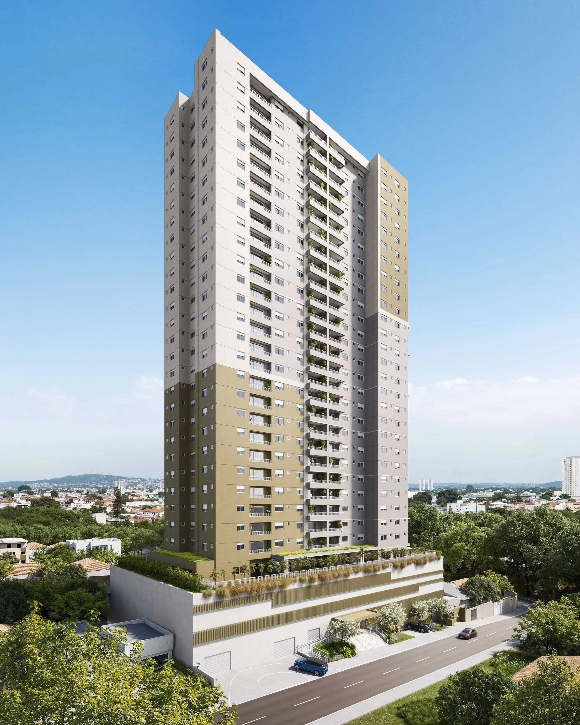 Perspectiva vertical da fachada do edifício residencial com varandas e base com paisagismo