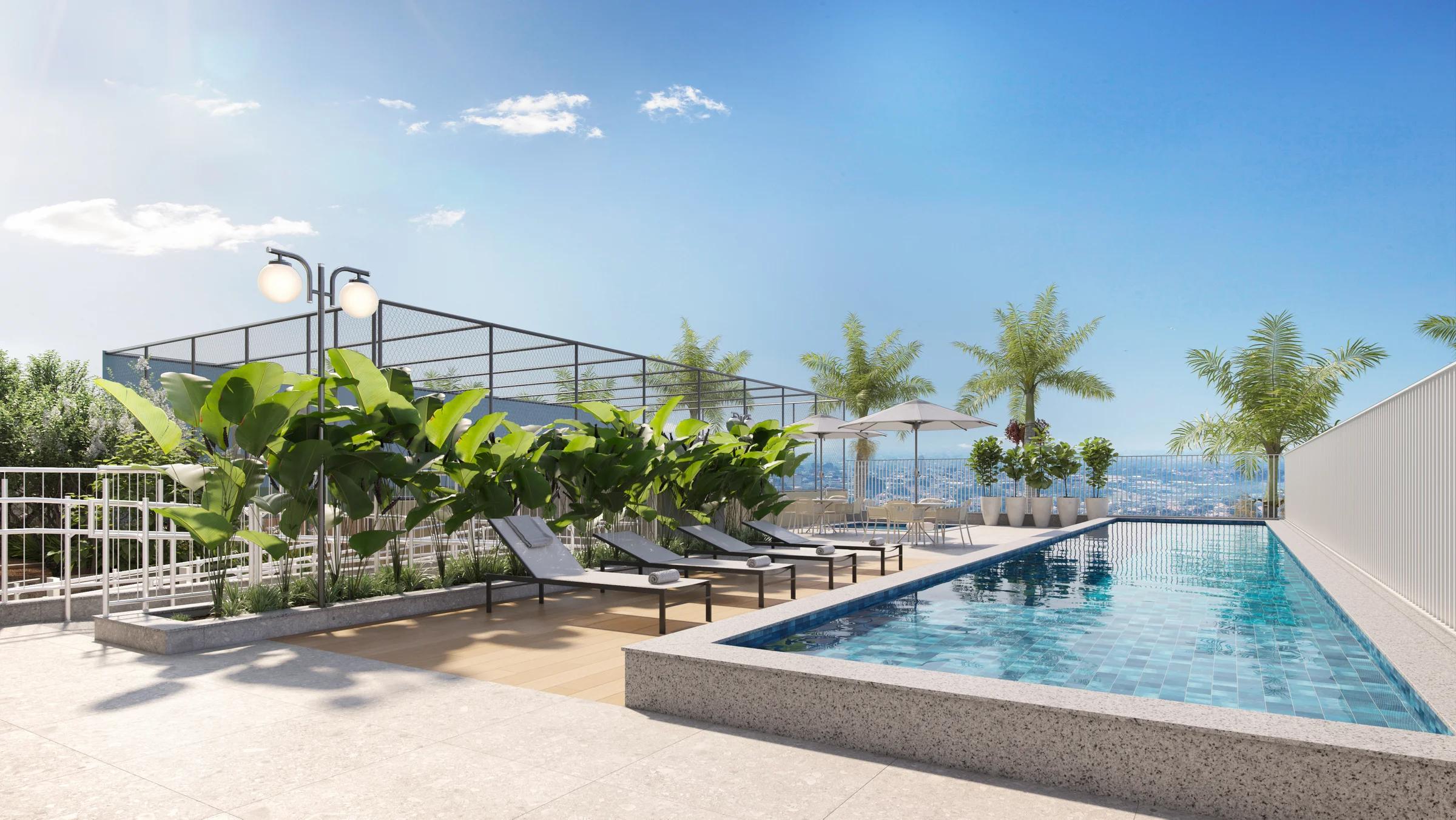 Piscina adulto com raia, espreguiçadeiras e paisagismo