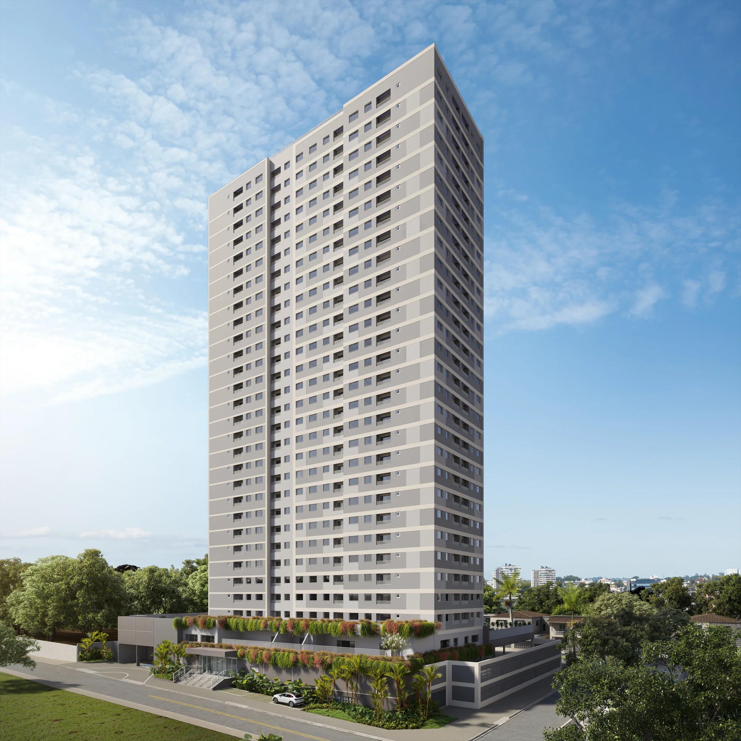 Perspectiva da fachada inteira da torre residencial