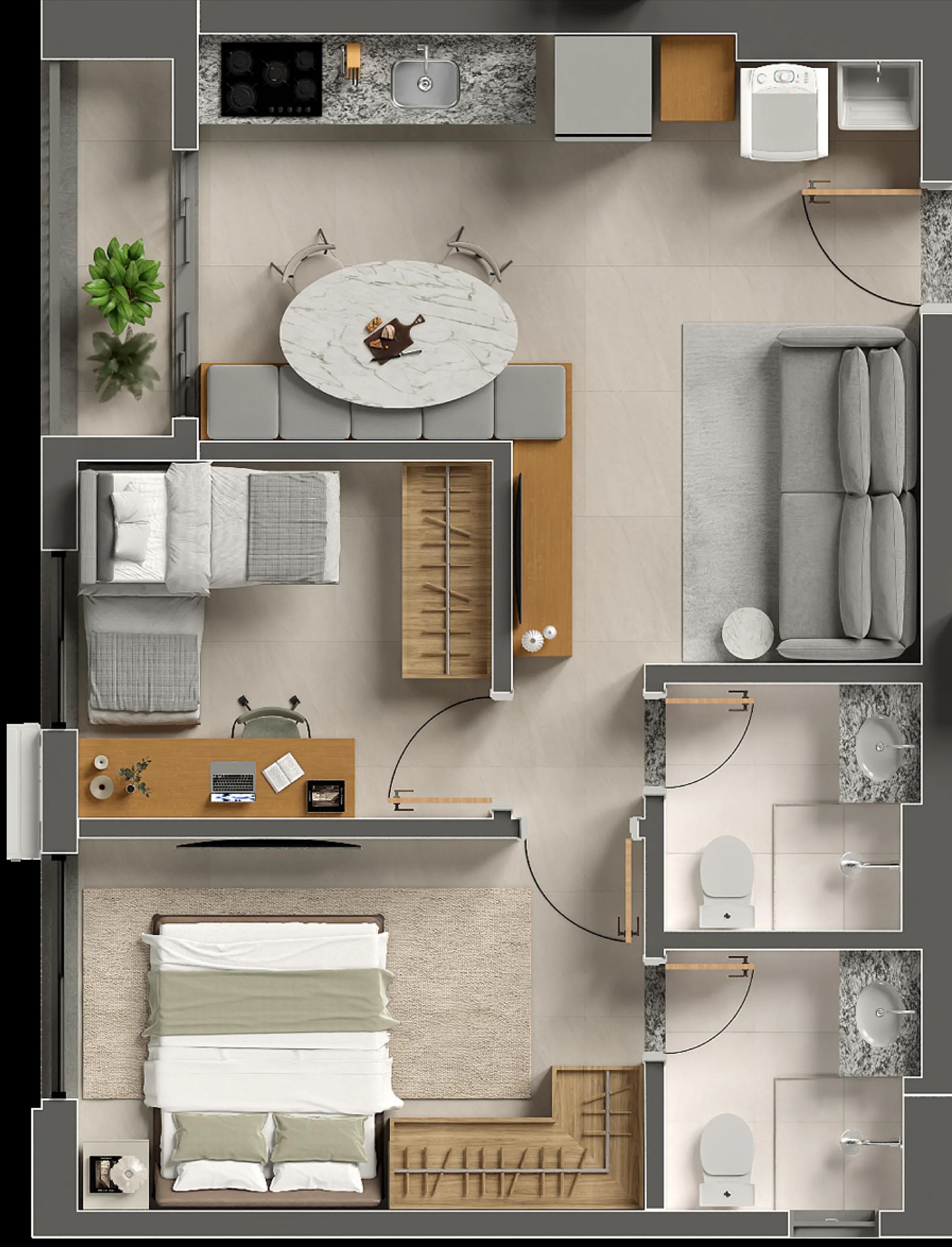 Planta — Apartamento 2 Quartos com Suíte e Varanda — Final 1A