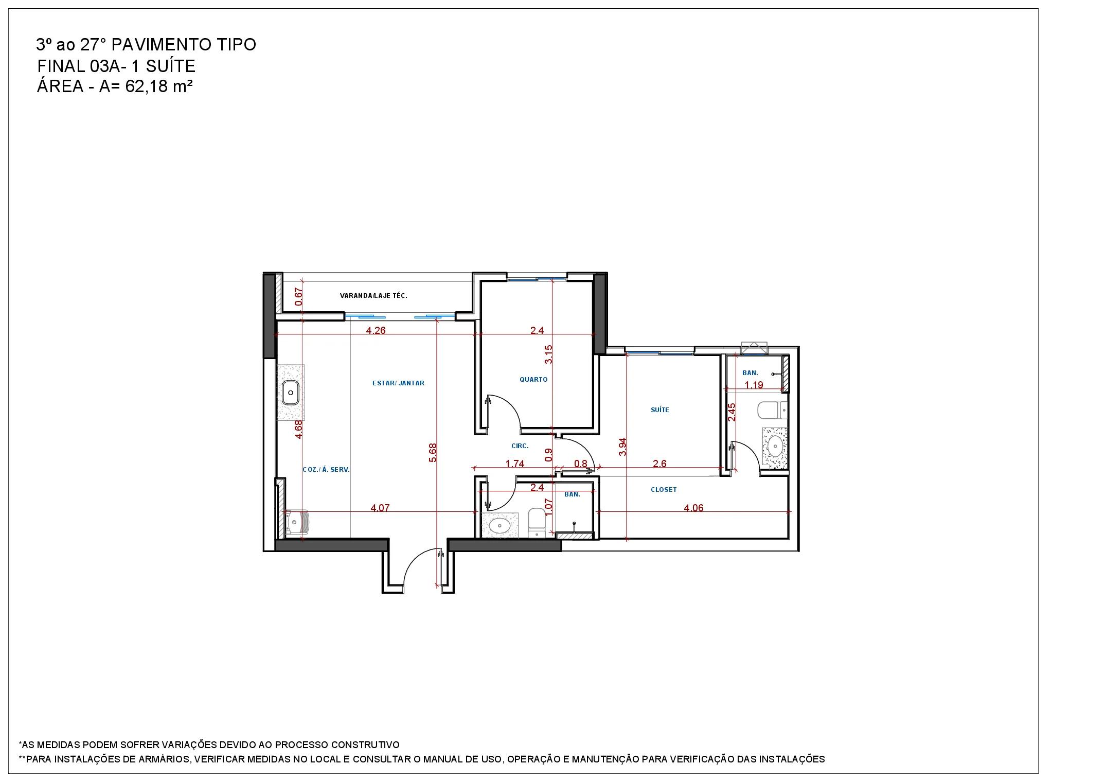 Planta — Apartamento 2 Quartos - 62m² — Final 3A