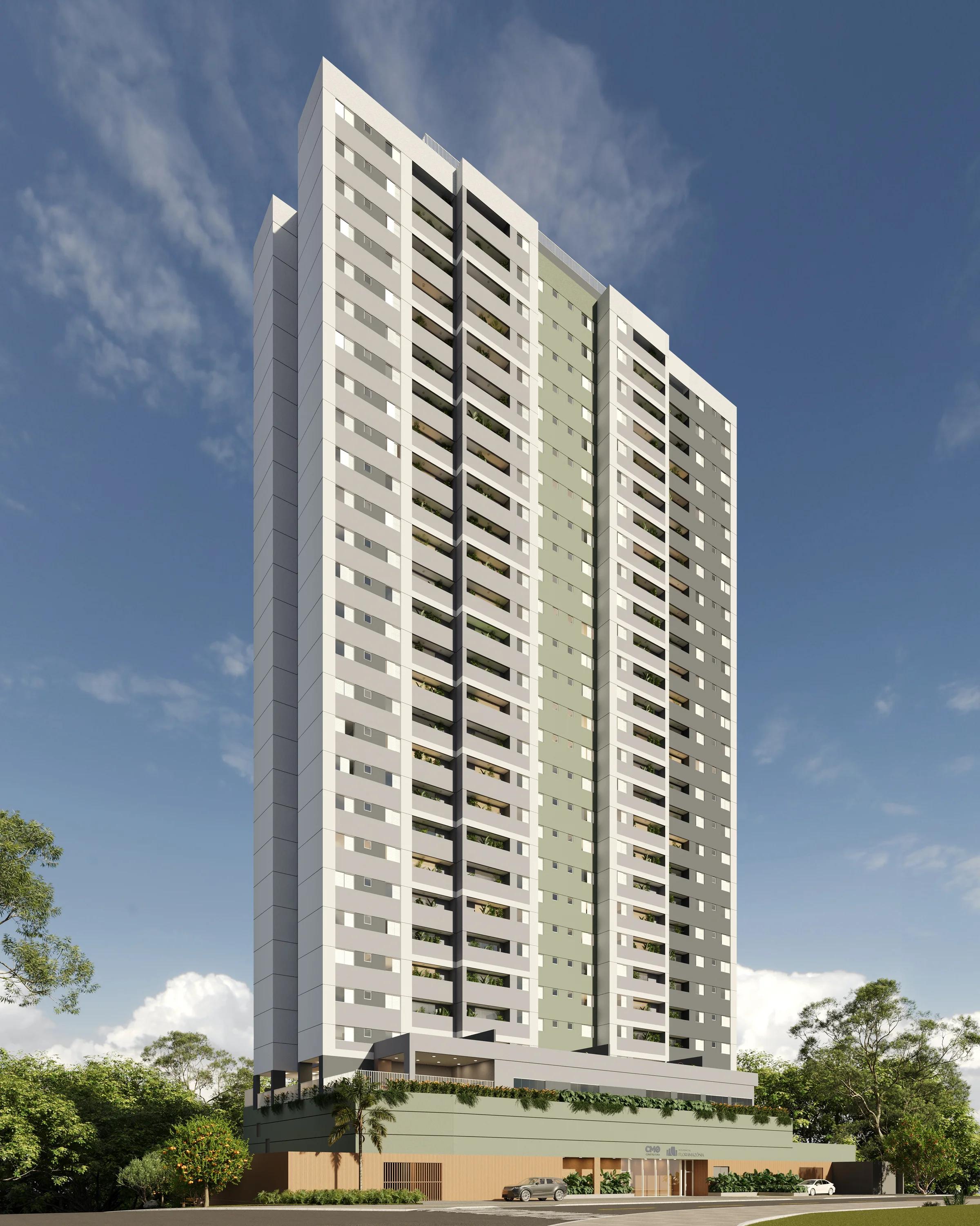 Perspectiva da fachada da torre residencial em orientação vertical em dia ensolarado