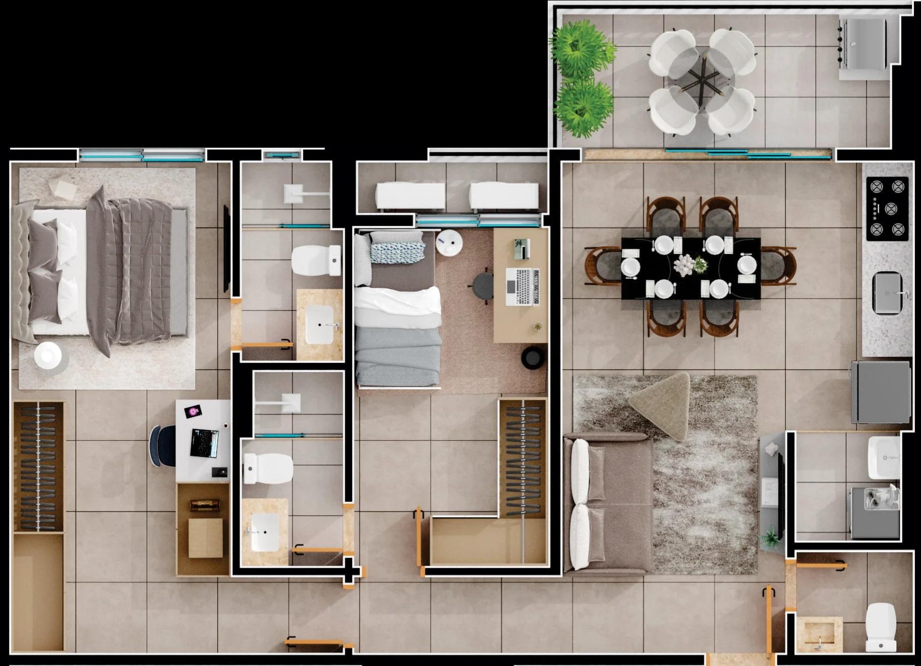 Planta — Apartamento 2 Suítes - 75m² — Planta de 75 m²