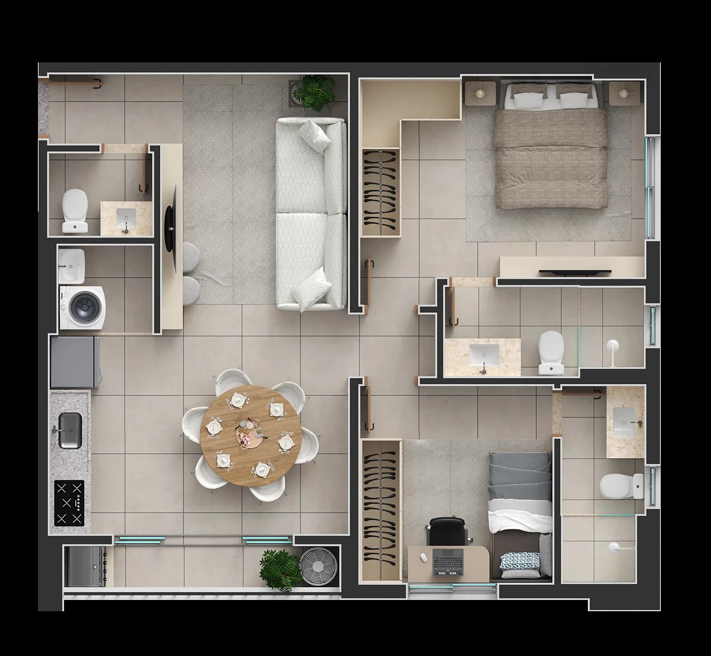 Planta — Apartamento 2 Suítes com Lavabo - 70m² — Final 1B