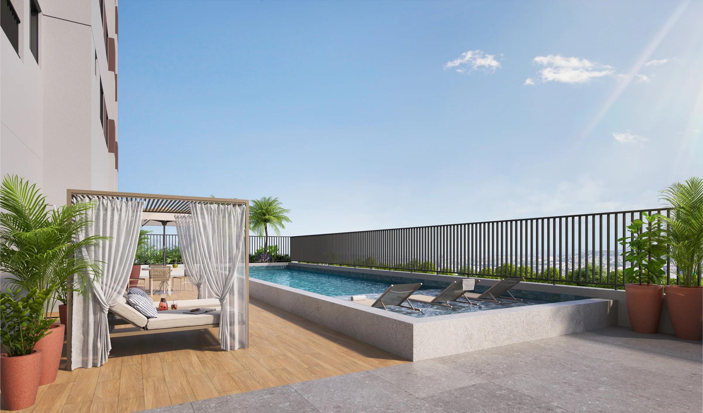Piscina adulto com espreguiçadeiras molhadas, cabana e deck de madeira