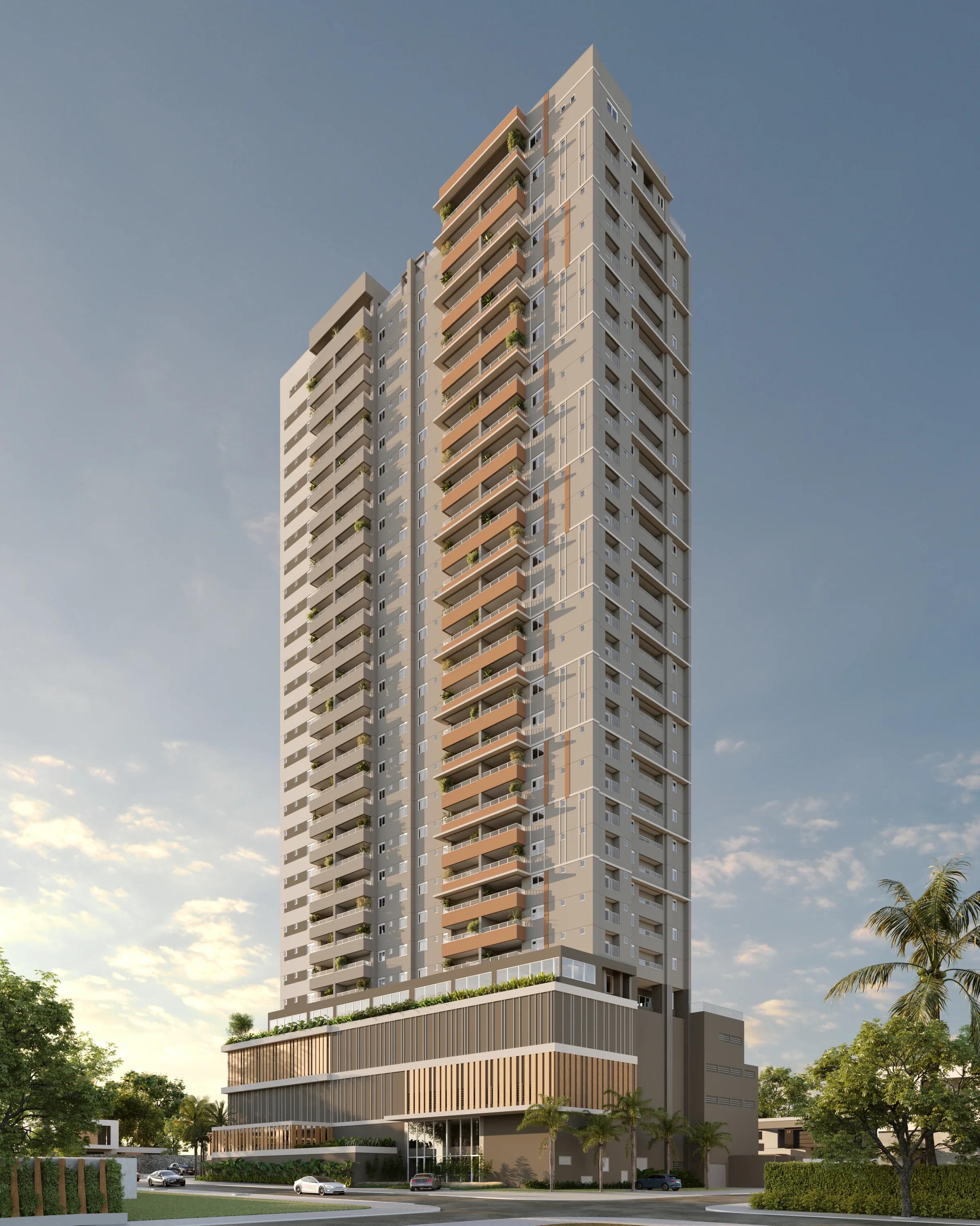 Perspectiva da fachada completa do edifício em ângulo, destacando a torre residencial