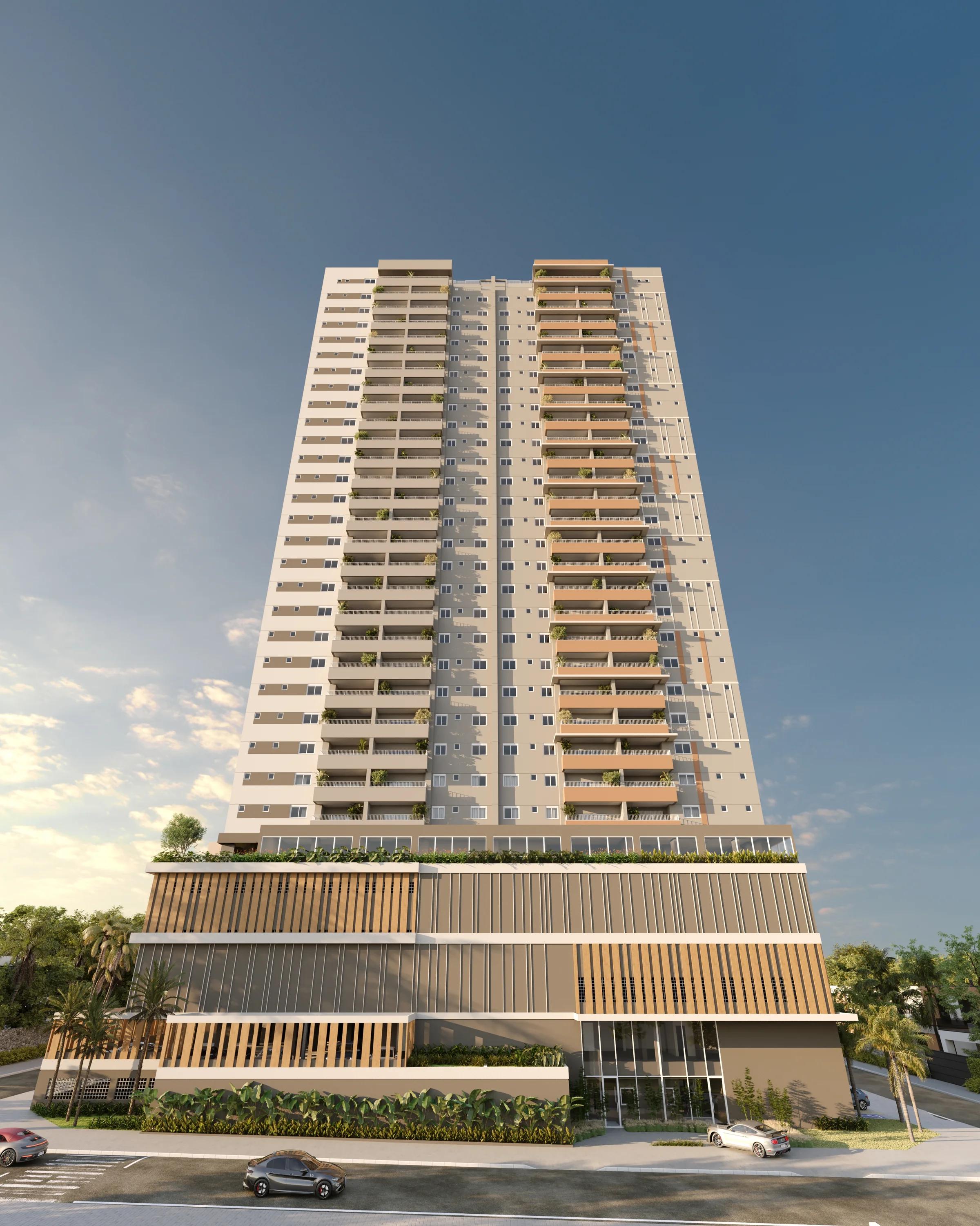 Perspectiva frontal da fachada da torre residencial e embasamento