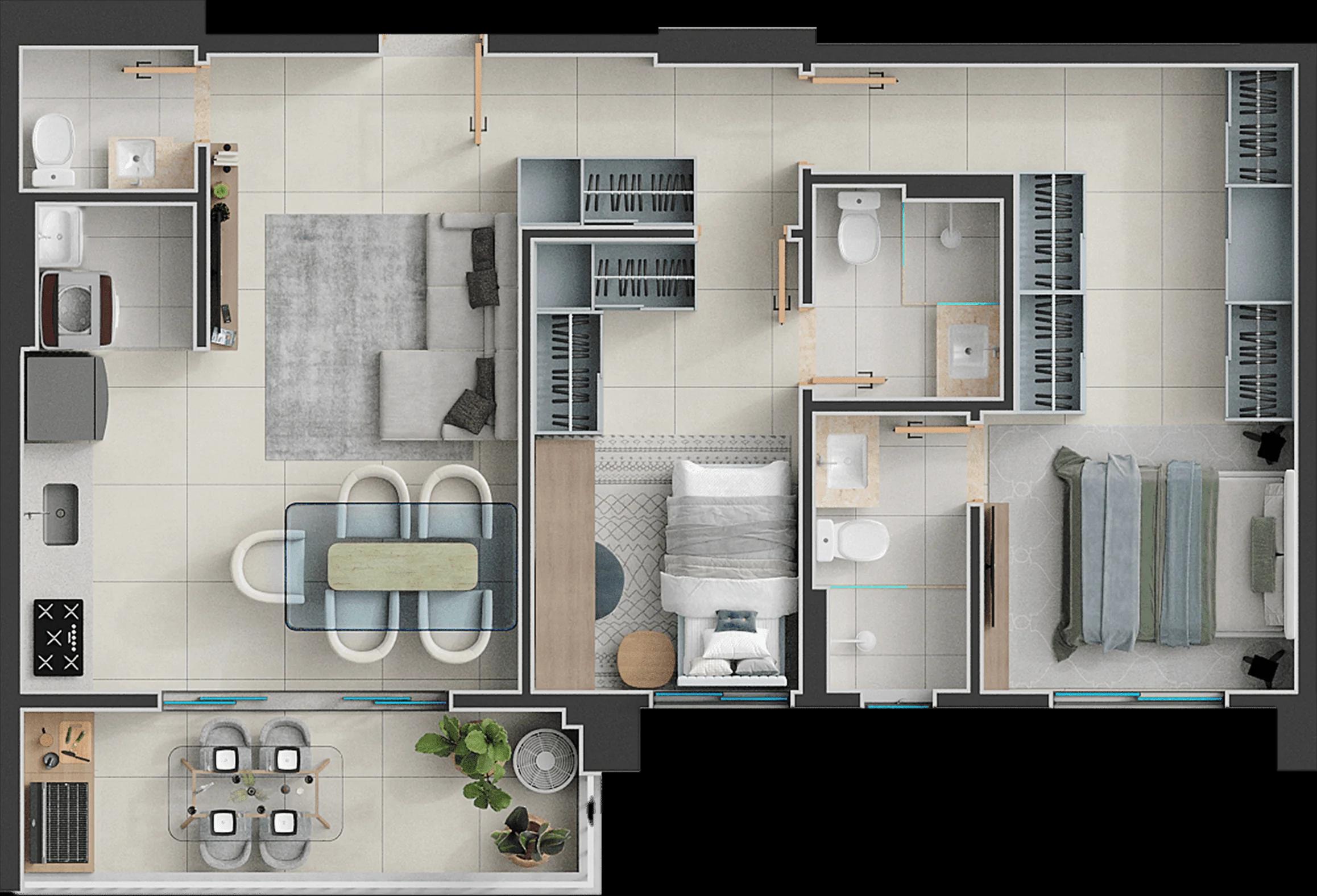 Planta — Apartamento 2 Suítes - 74,66 m² — Final 4A