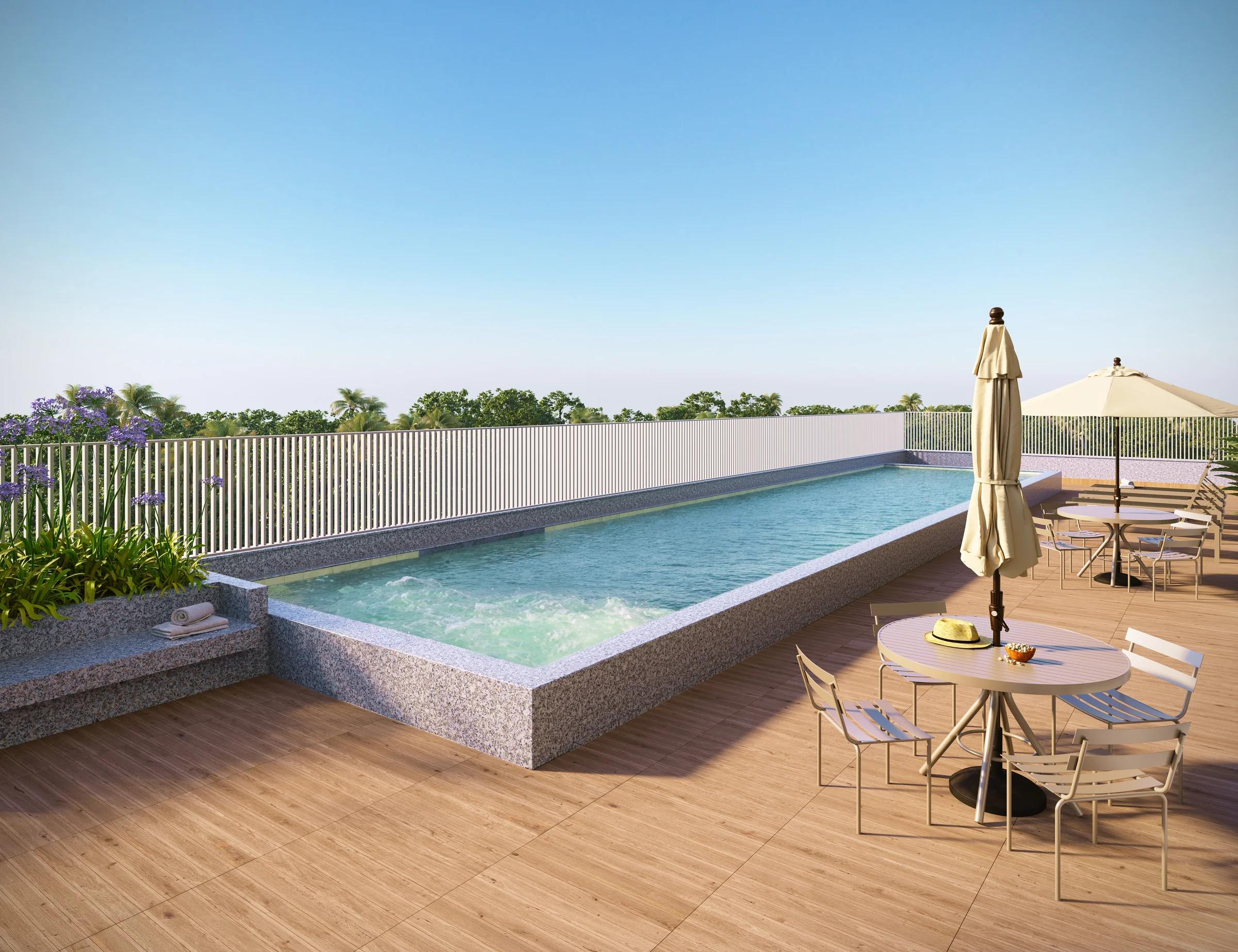 Perspectiva da piscina com bancos de hidromassagem e área de mesas com ombrelone