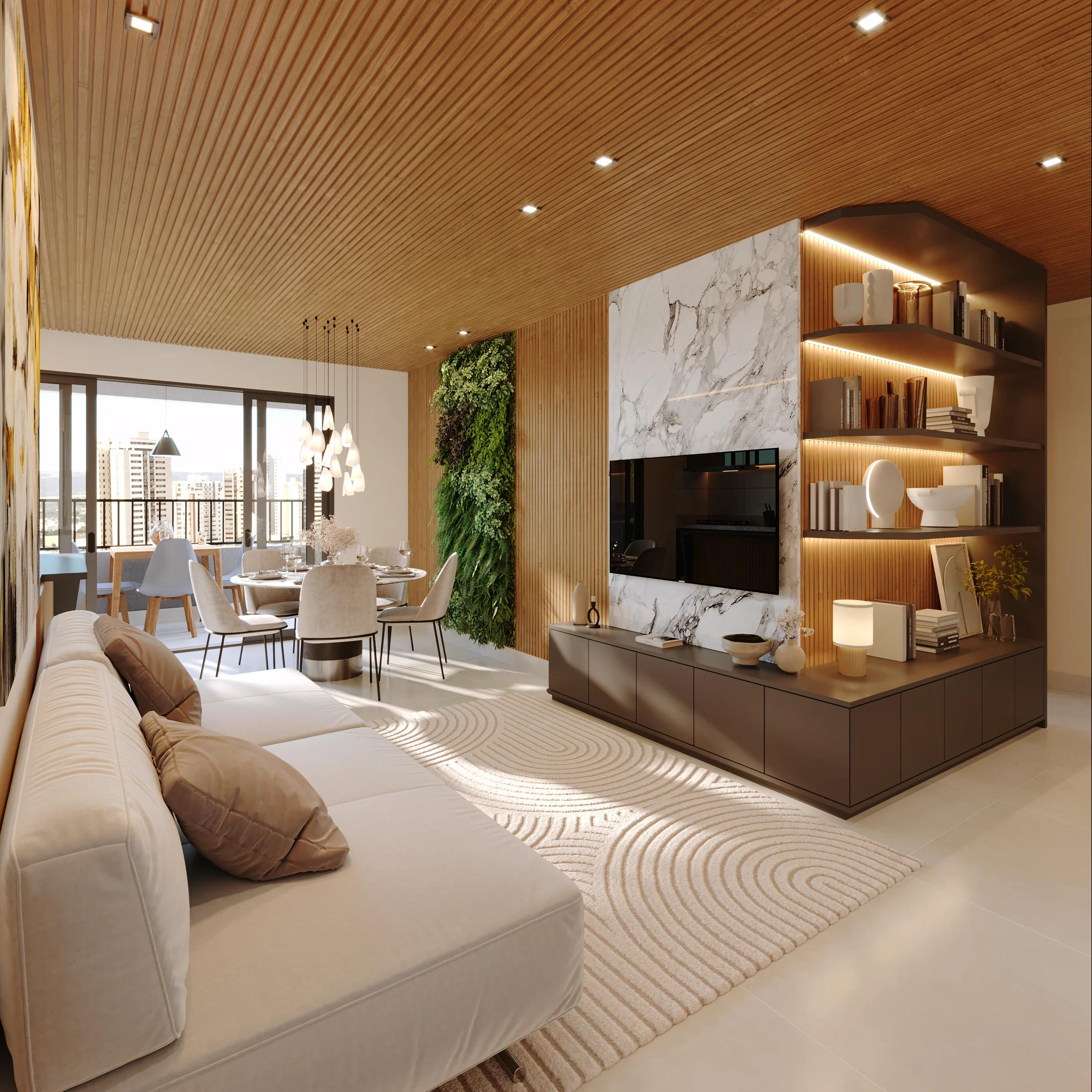 Sala de estar com painel em mármore e estante iluminada no apartamento de 76 metros quadrados