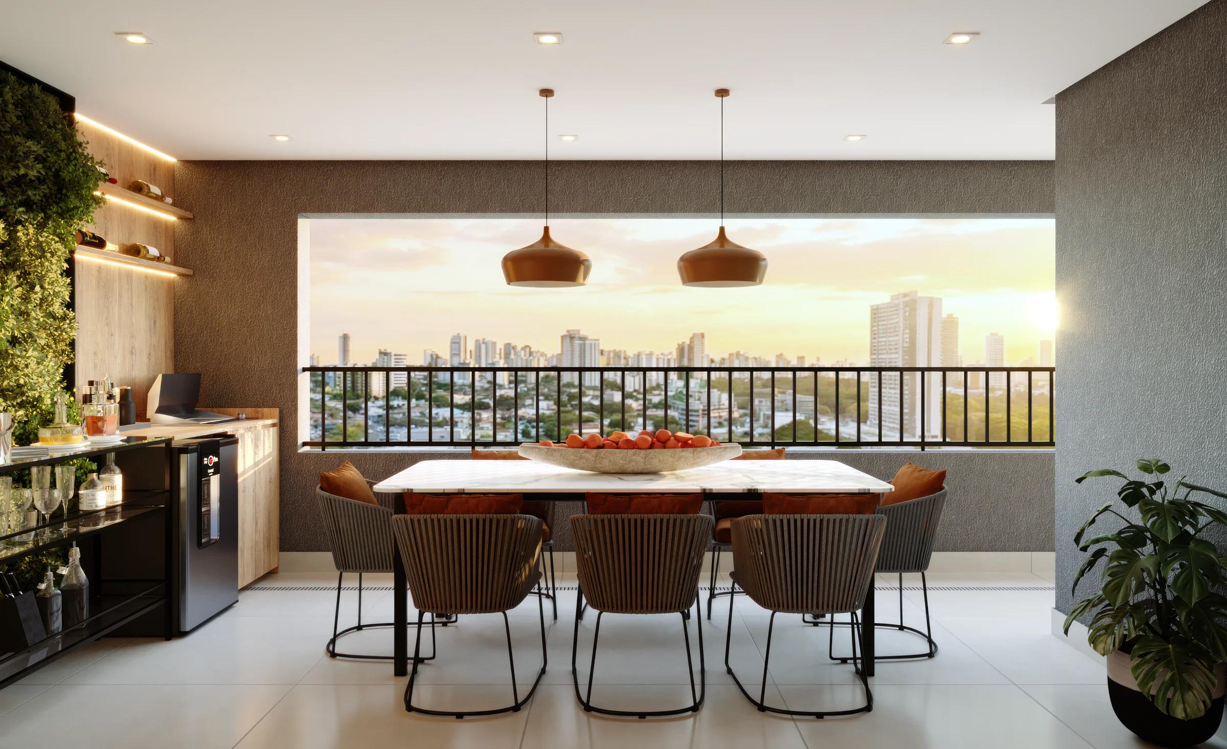 Varanda gourmet espaçosa com mesa de jantar e vista panorâmica da cidade