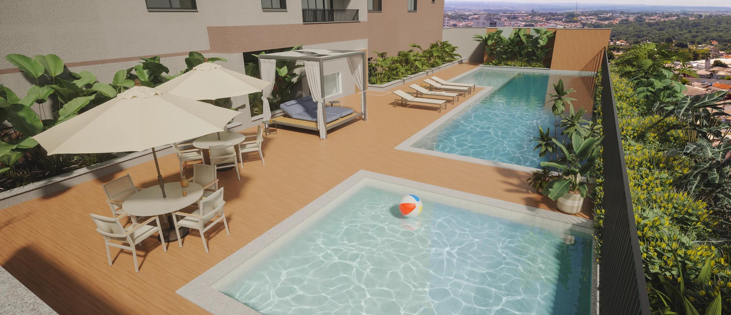 Deck da piscina com espreguiçadeiras, ombrelones, piscina adulto com raia e piscina infantil