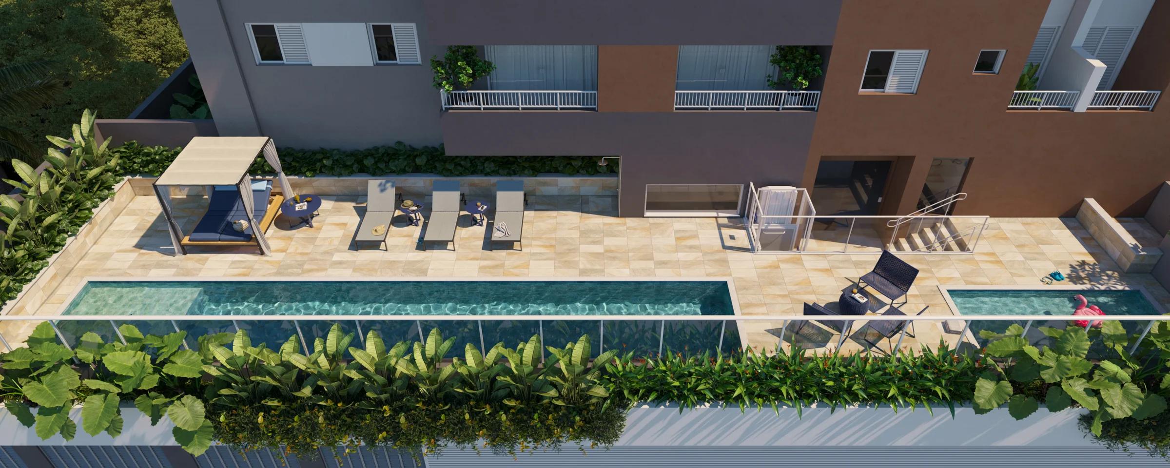 Deck da piscina visto de cima com raia adulto, piscina infantil e solário