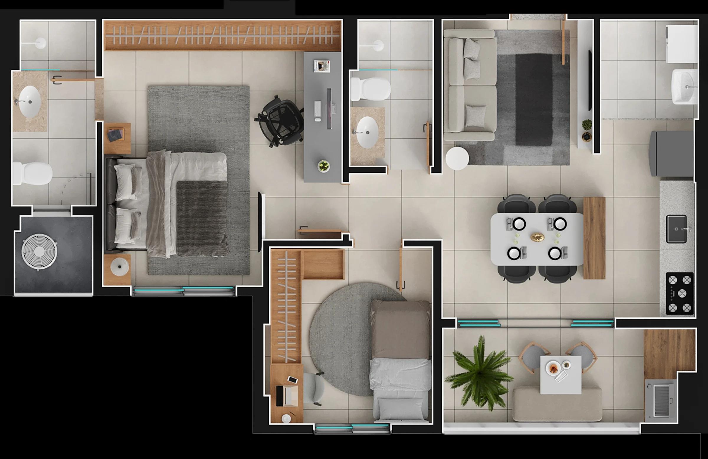 Planta — Apartamento 65m² a 67m² (2 Quartos, 1 Suíte) — Final 3A
