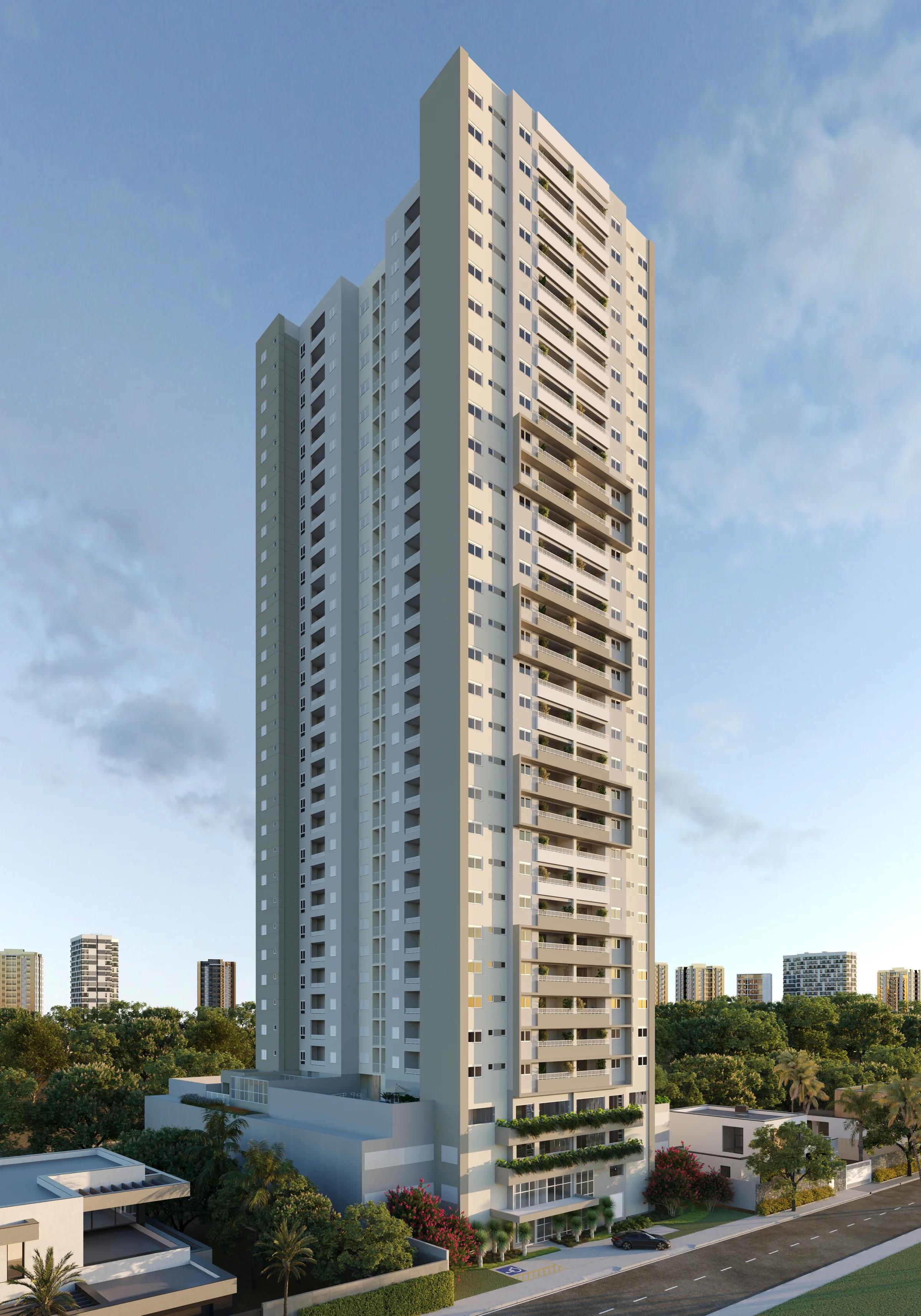 Perspectiva 3D vertical da fachada do edifício residencial mostrando toda a torre e entorno
