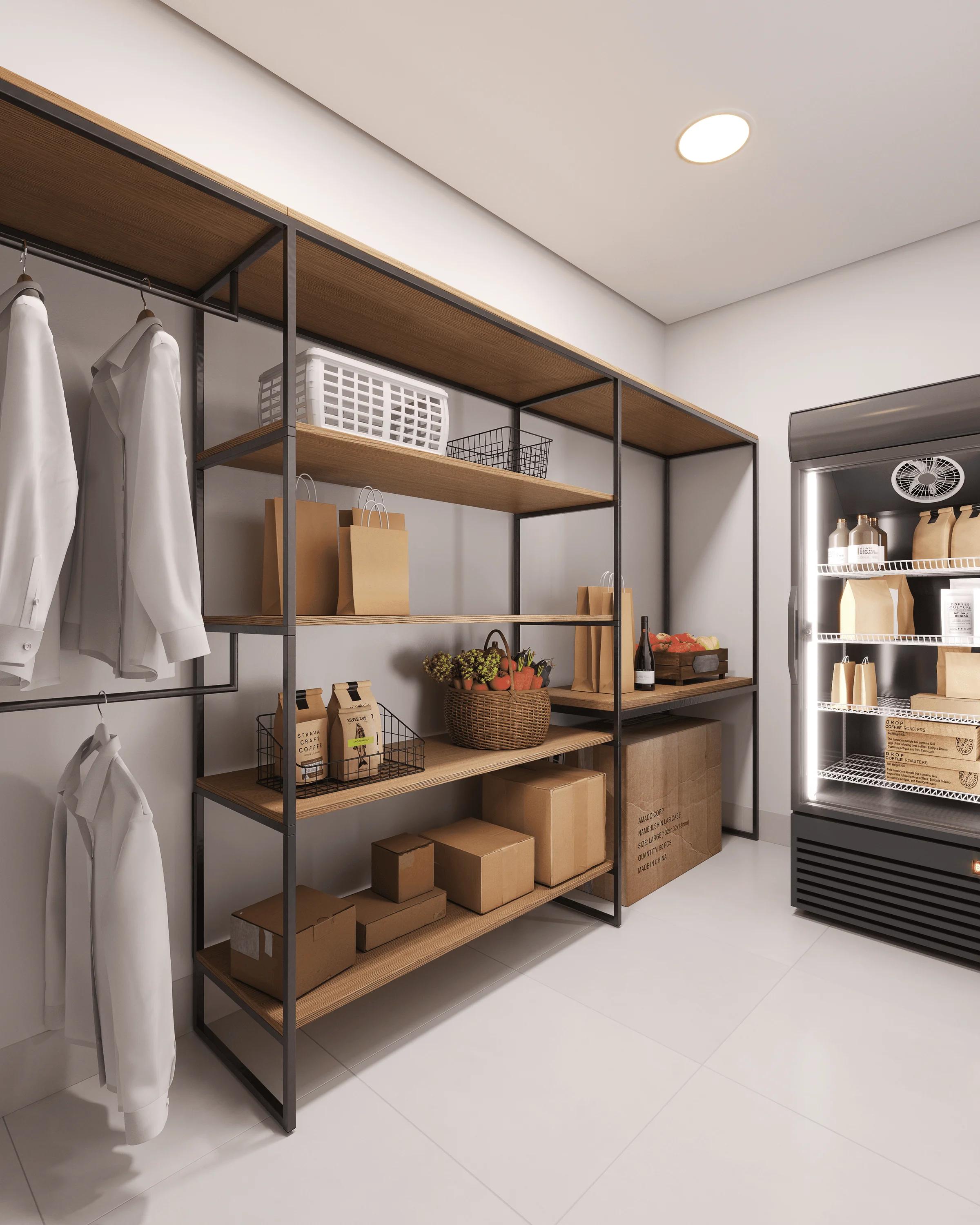 Espaço delivery com prateleiras e refrigerador para encomendas