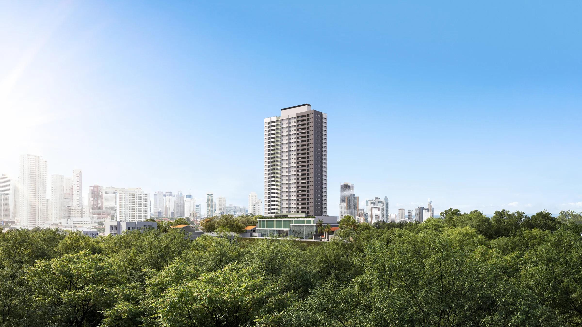 Edifício inserido na paisagem urbana com vista panorâmica