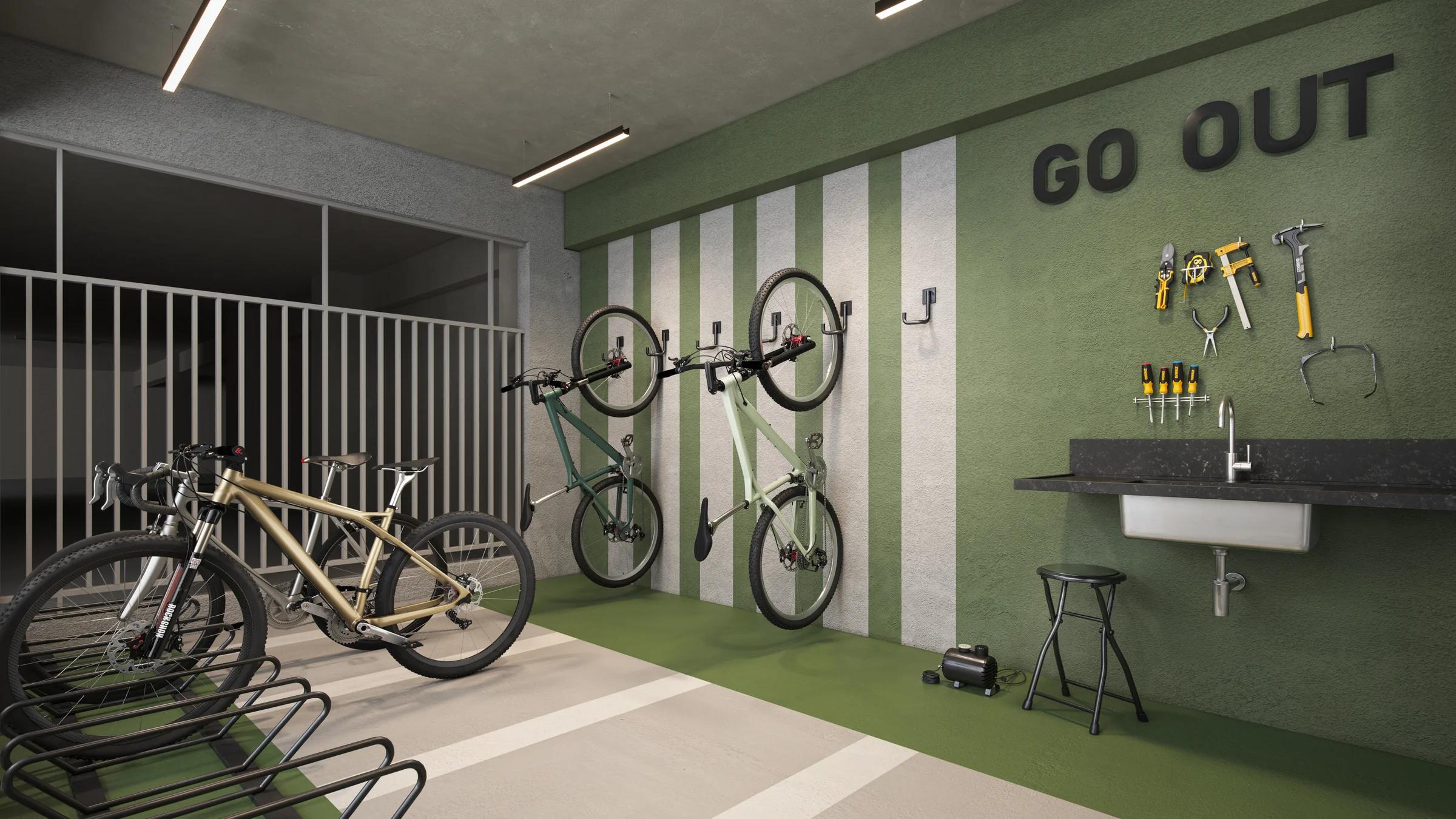 Bicicletário com suporte vertical para bicicletas e bancada de ferramentas
