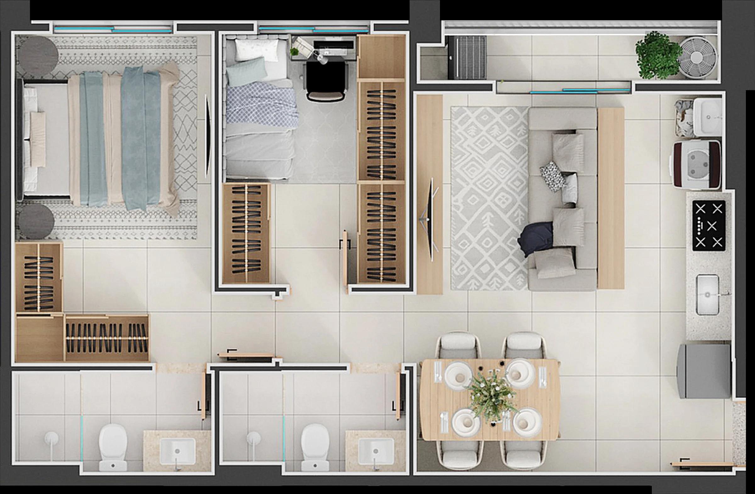 Planta — Apartamento 2 Quartos (1 Suíte) - 60m² — Planta de 60 m²