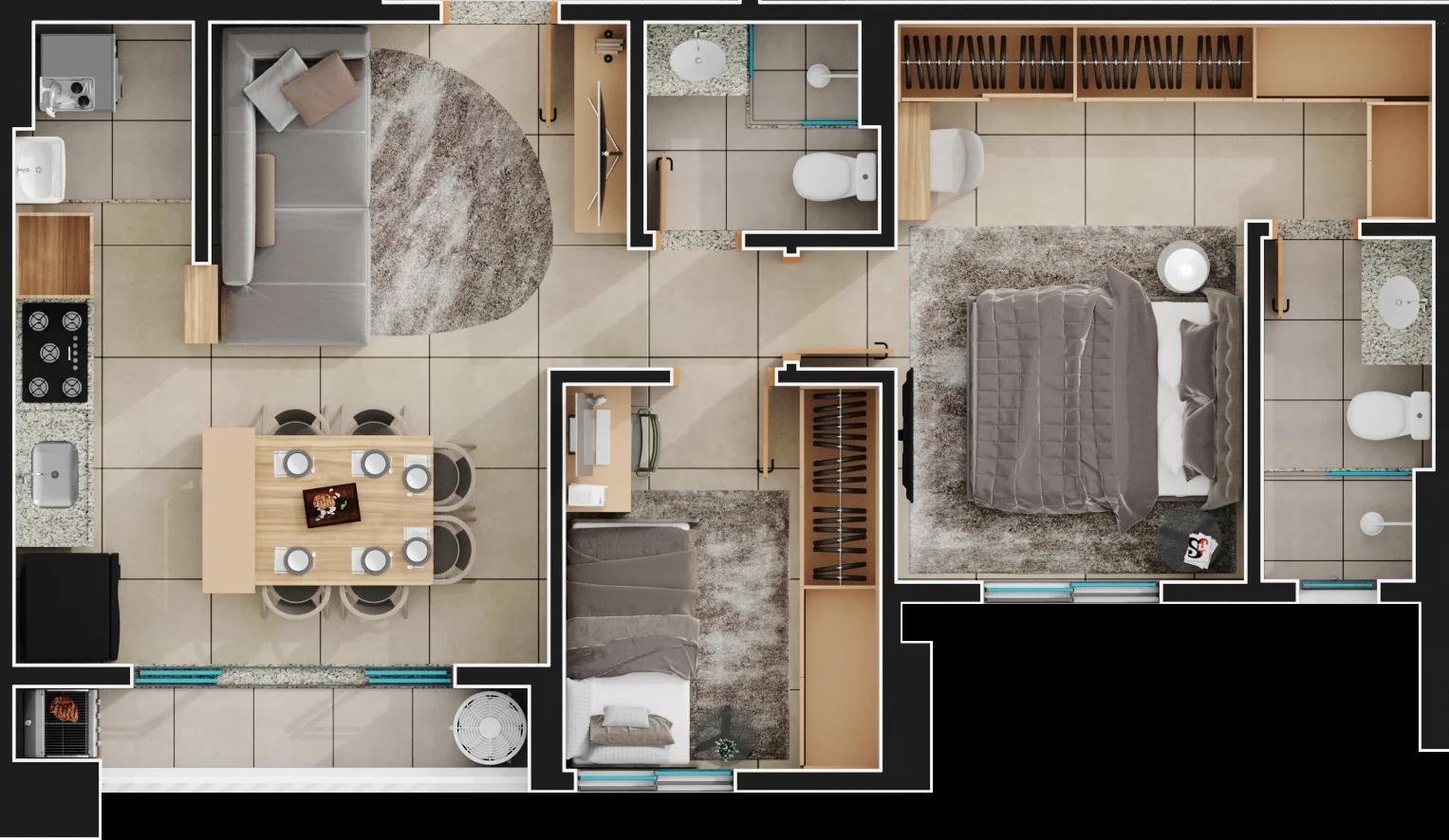 Planta — Apartamento 2 Quartos - 61m² — Final 04A · Decorado