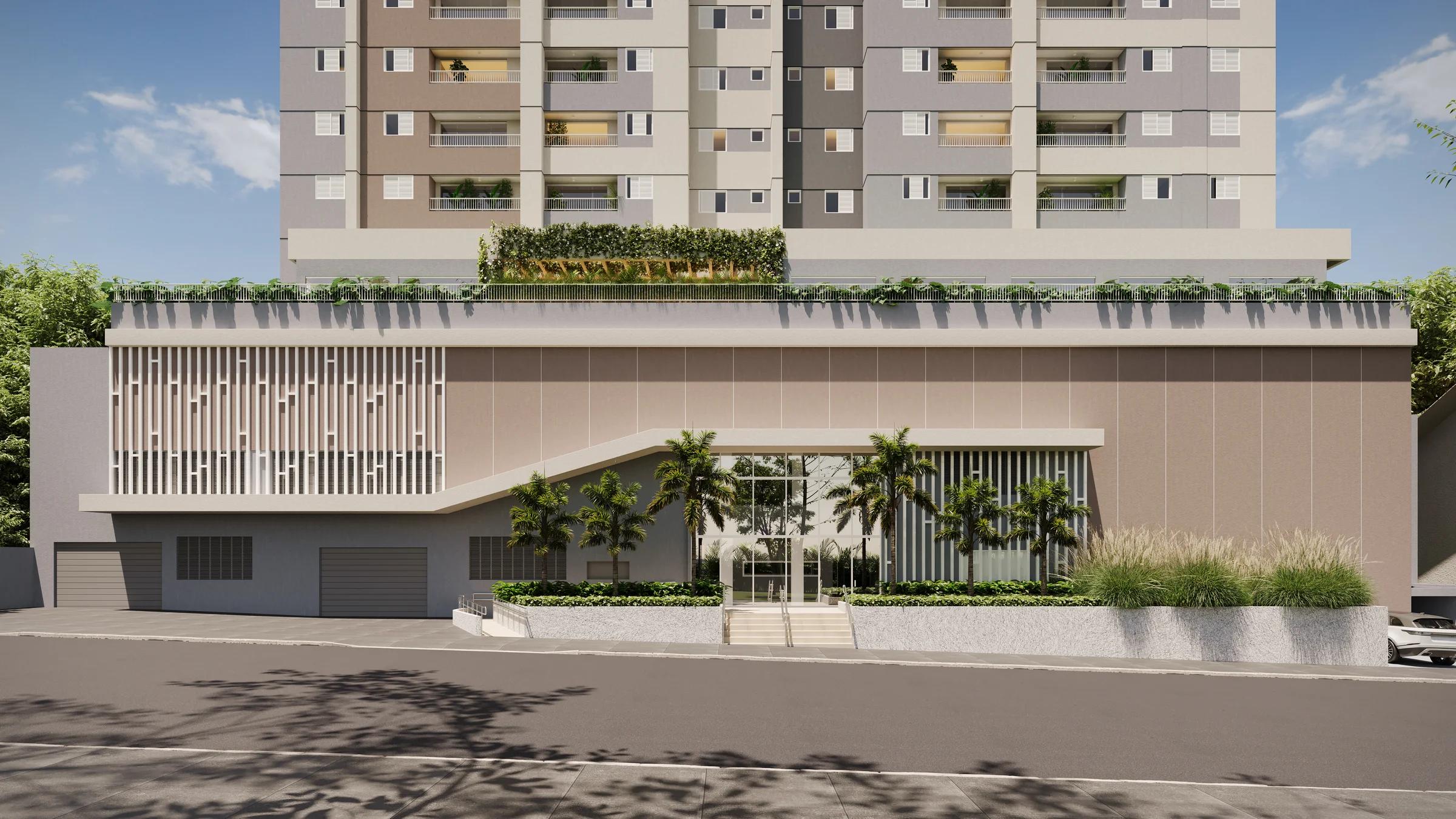 Entrada social do edifício com escadaria de acesso, paisagismo e portaria no nível da rua