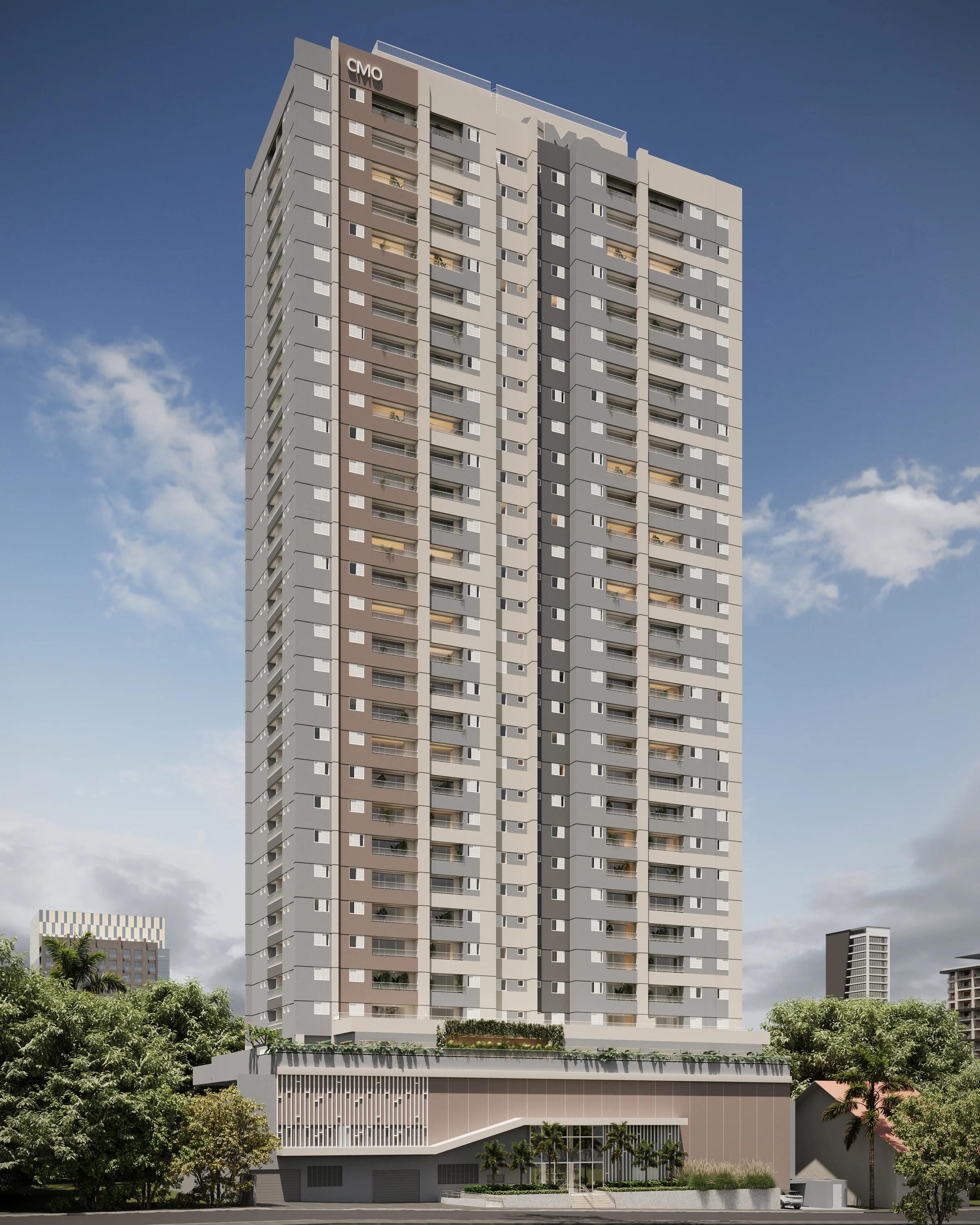 Fachada completa da torre residencial em perspectiva vertical diurna com base ajardinada