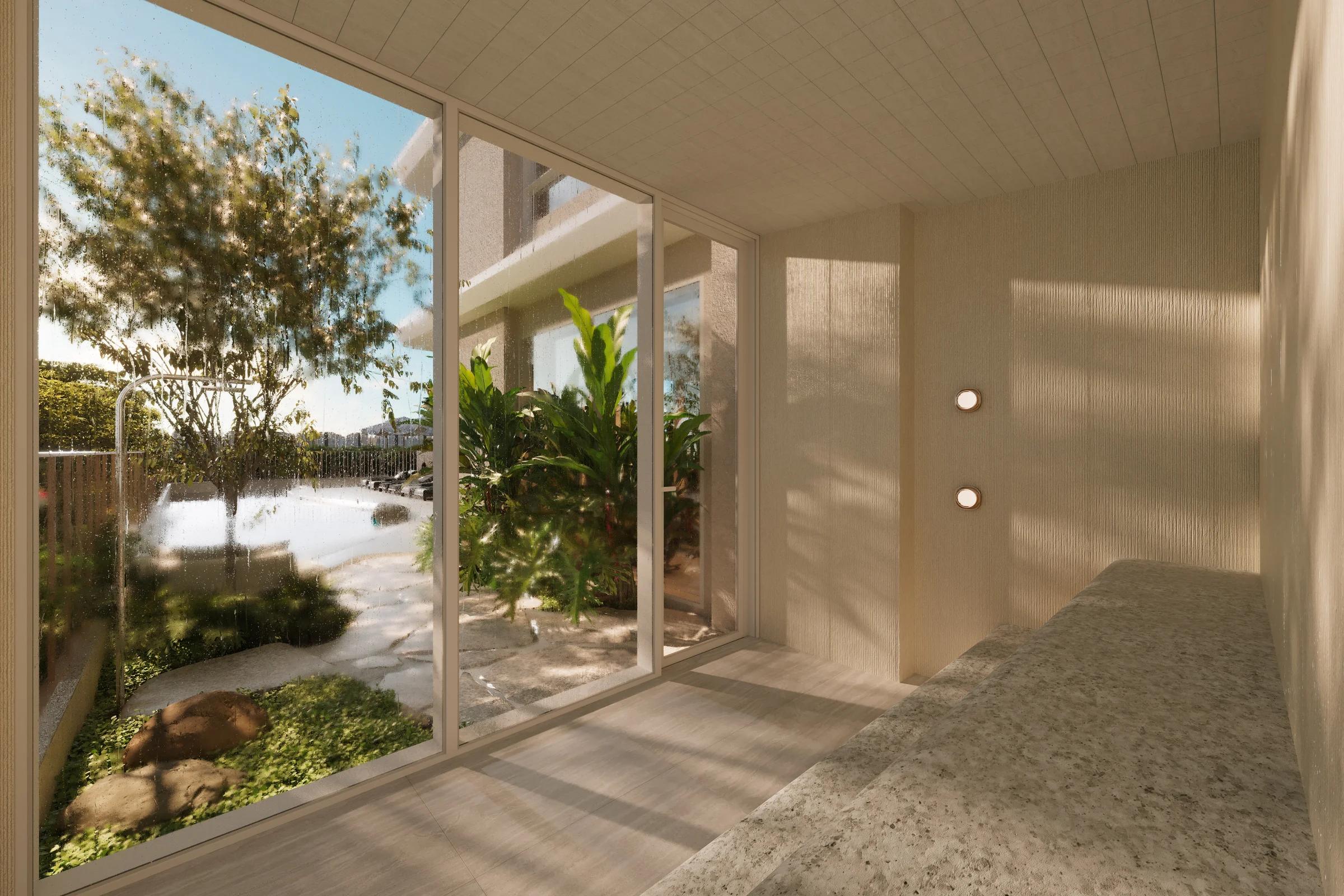 Sauna envidraçada com vista direta para a área da piscina e jardim externo