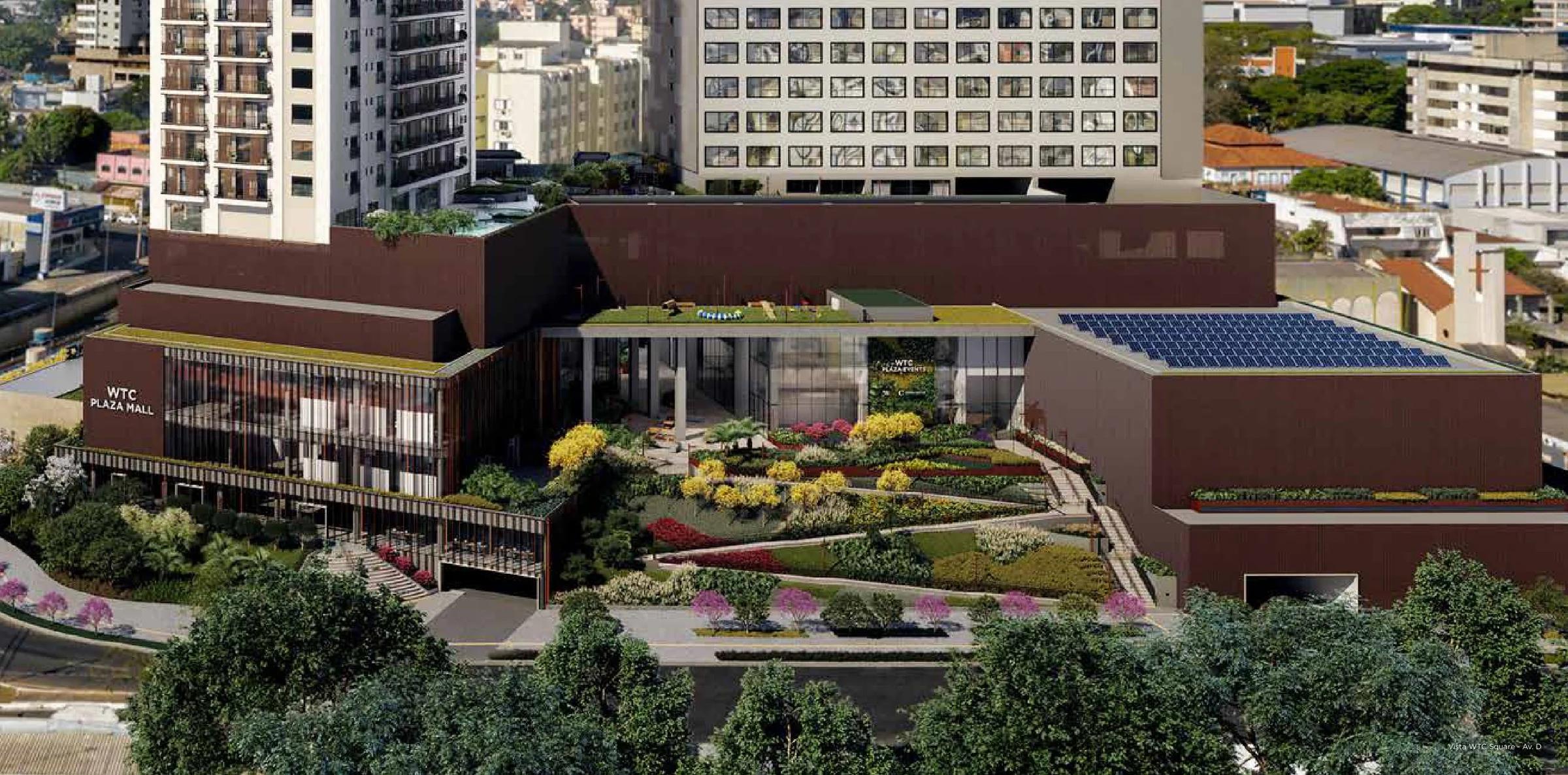 Embasamento comercial com fachada do WTC Plaza Mall e praça ajardinada em patamares