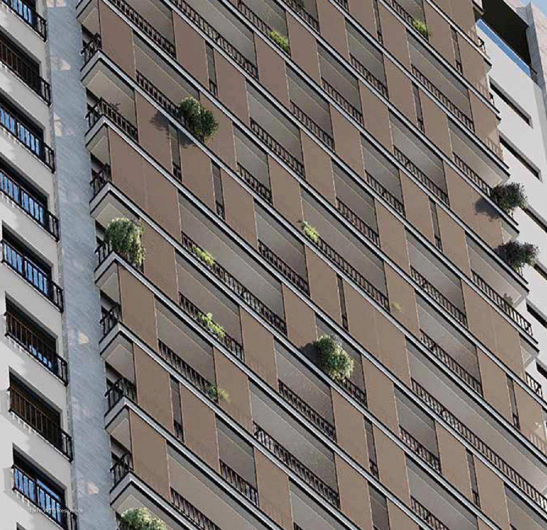 Detalhe da composição de brises metálicos e floreiras nas varandas da fachada