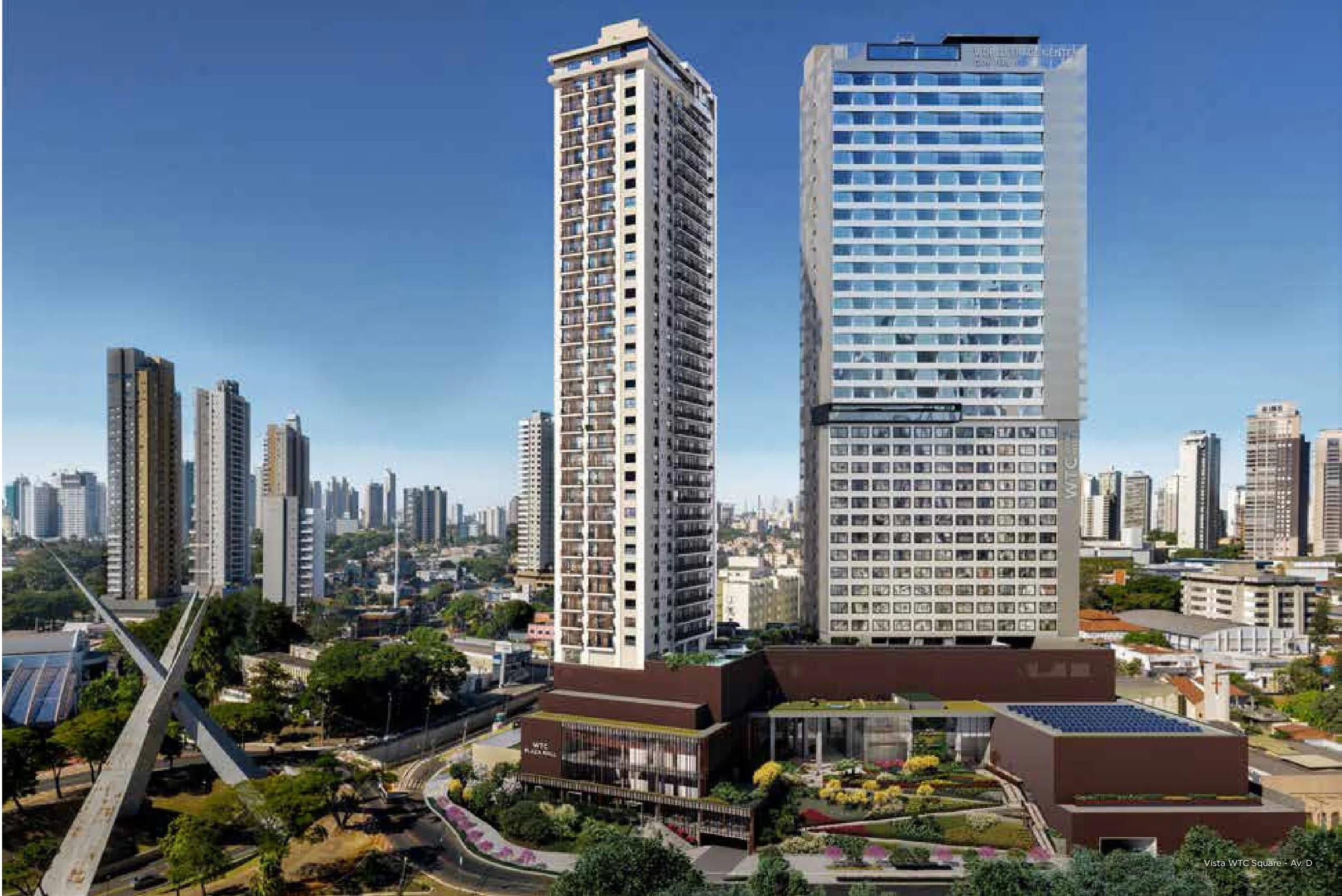 Vista panorâmica diurna das torres integradas ao entorno e skyline da cidade
