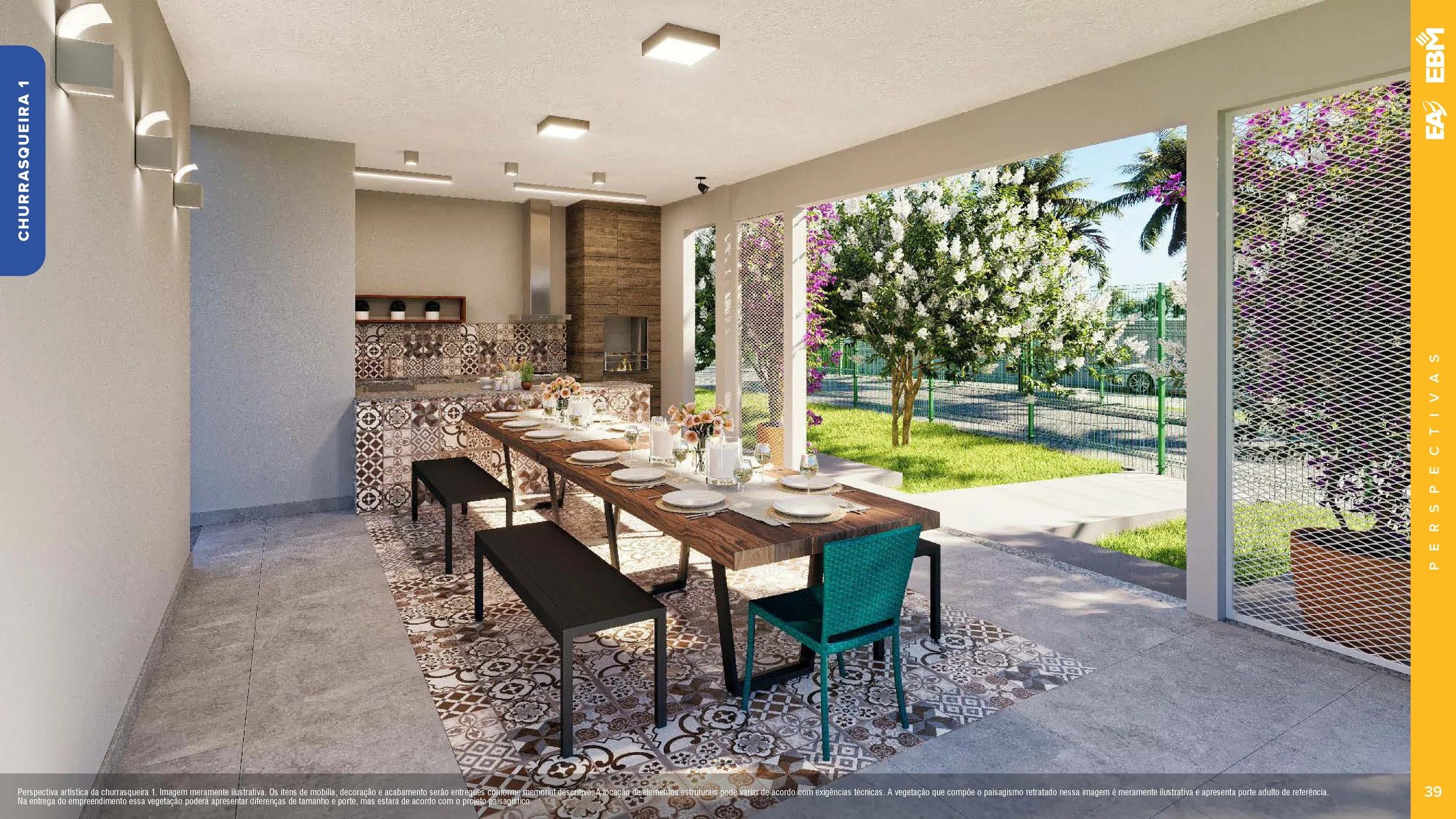 Perspectiva da área gourmet com churrasqueira, bancada e mesa de jantar