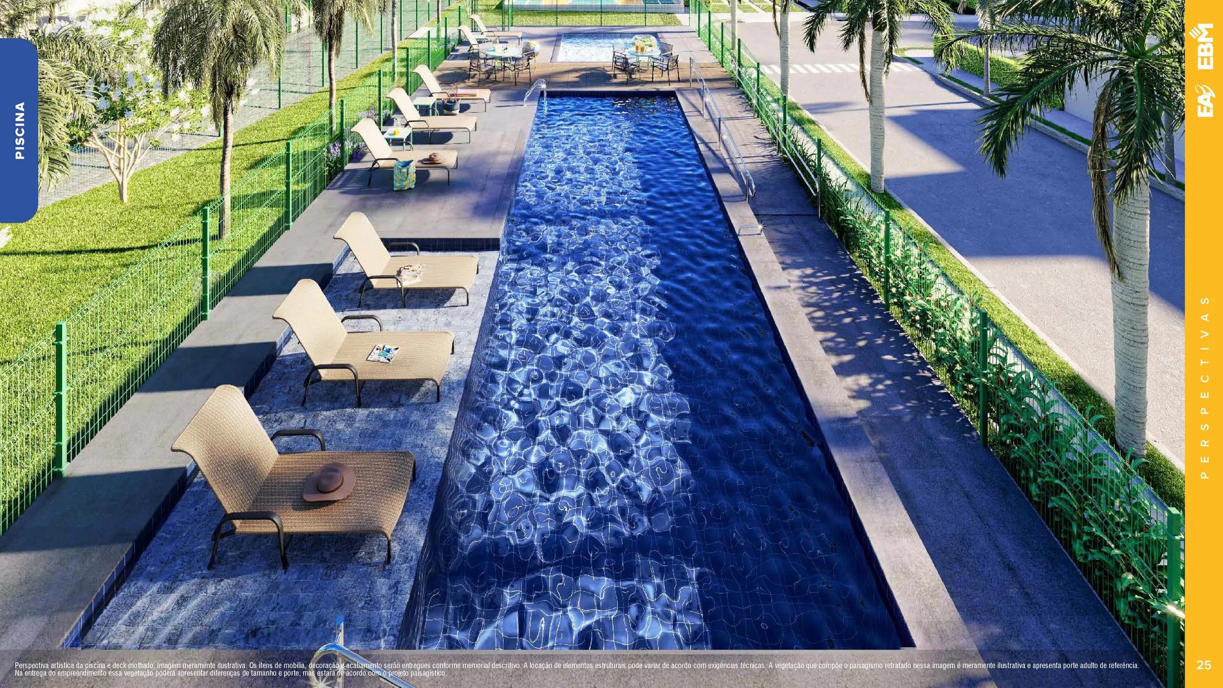 Perspectiva da piscina com raia, deck molhado e espreguiçadeiras