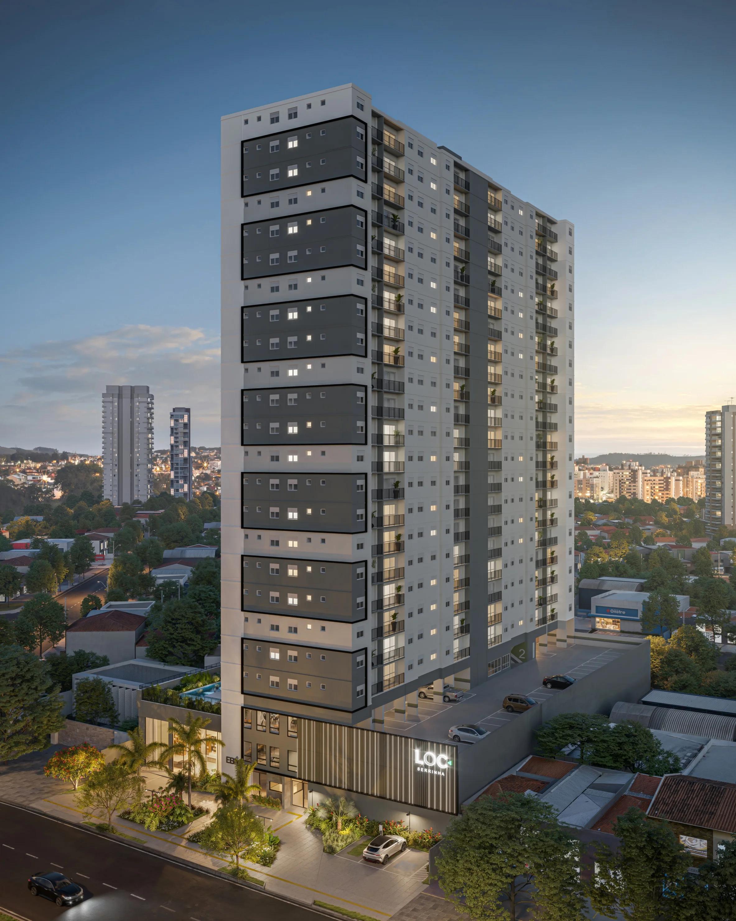 Fachada vertical do edifício residencial ao entardecer