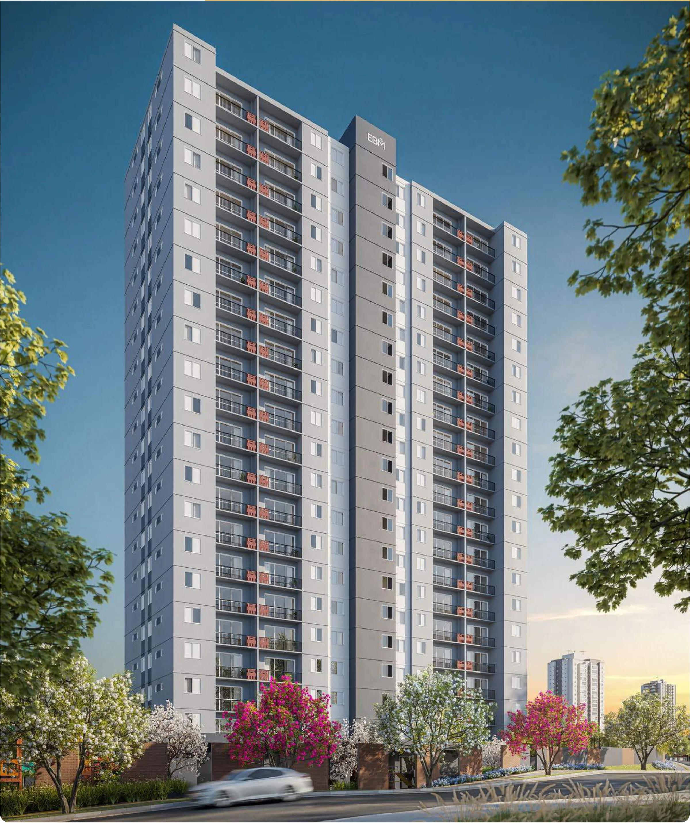 Perspectiva da torre residencial inteira em orientação vertical com paisagismo na base