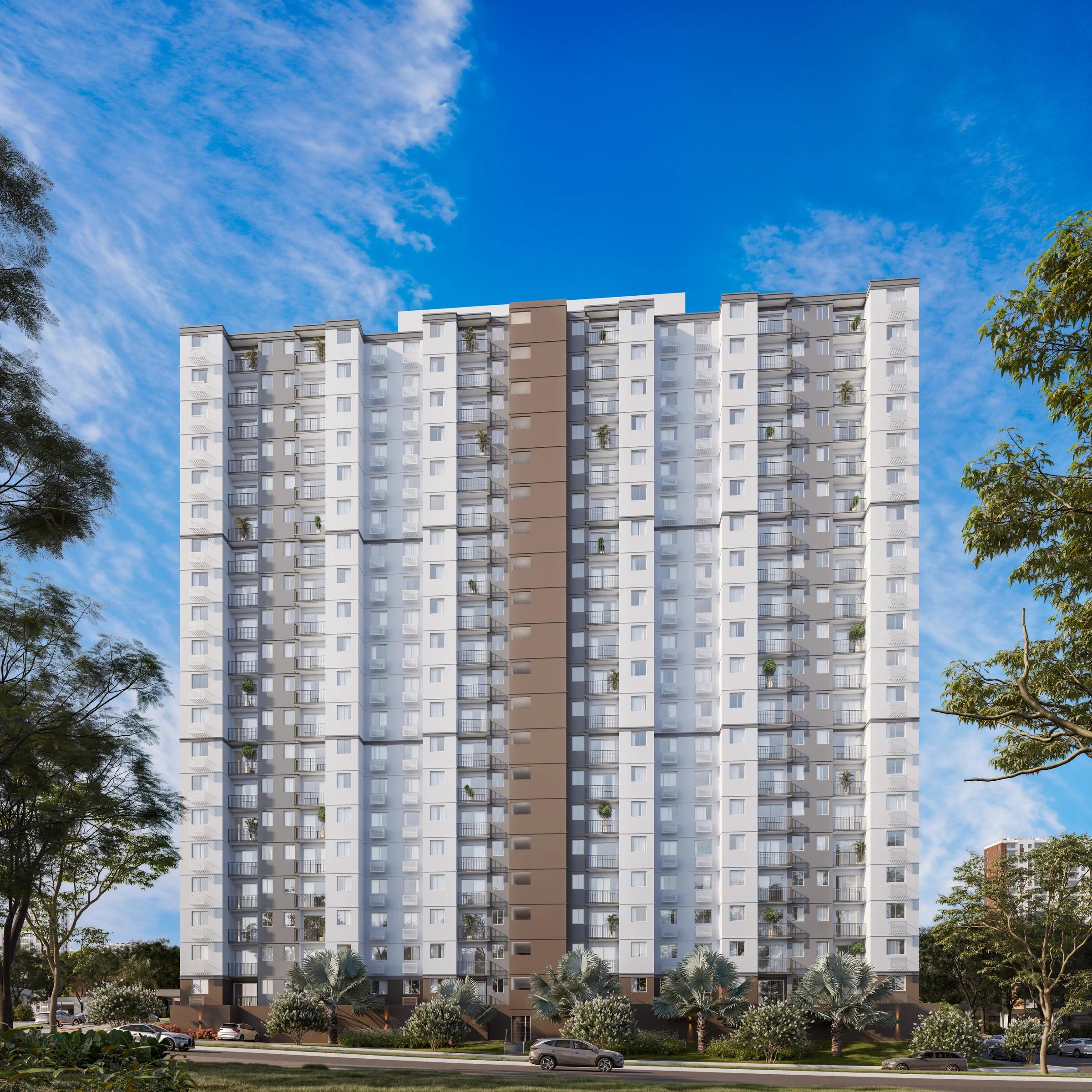 Perspectiva da fachada inteira da torre residencial sob céu azul com árvores ao redor