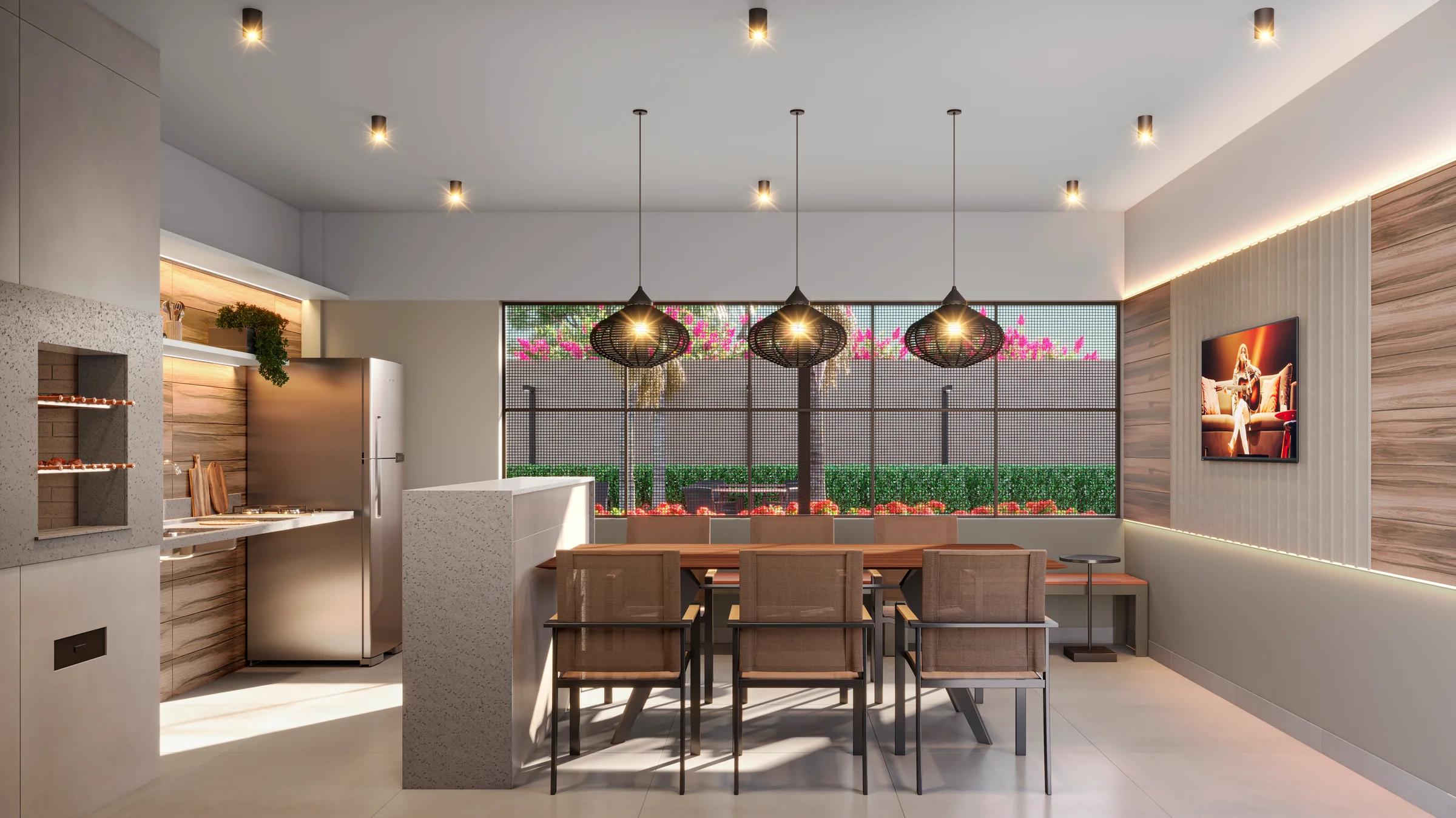 Espaço gourmet com churrasqueira, mesa de jantar e luminárias pendentes