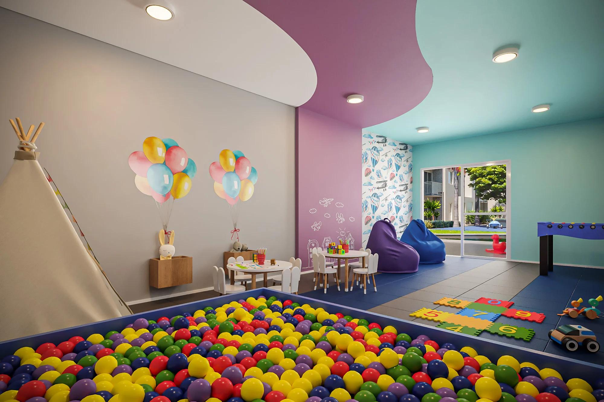 Brinquedoteca com piscina de bolinhas, cabana infantil, mesas e pufes