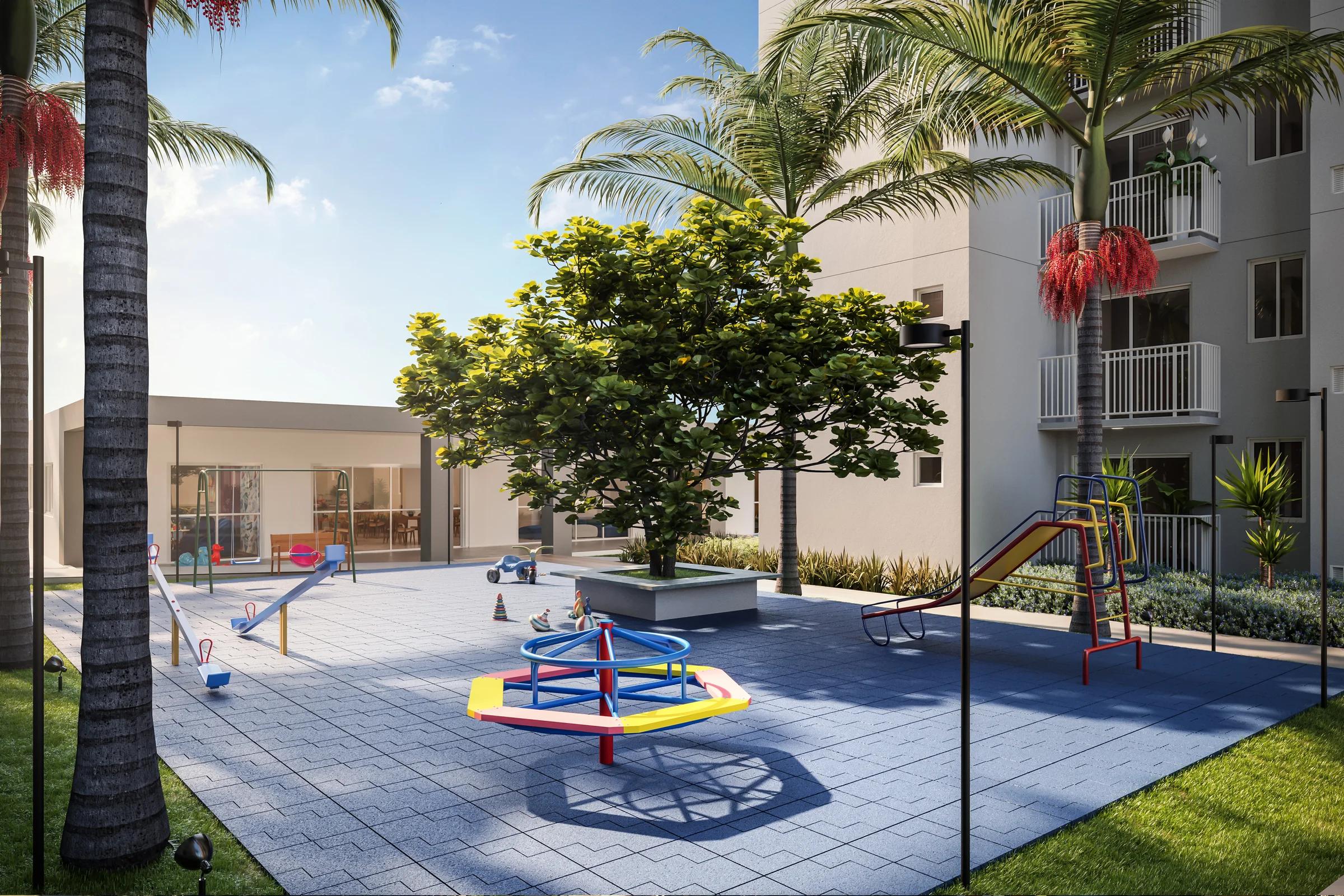 Playground ao ar livre com piso emborrachado, gira-gira, escorregador e gangorra